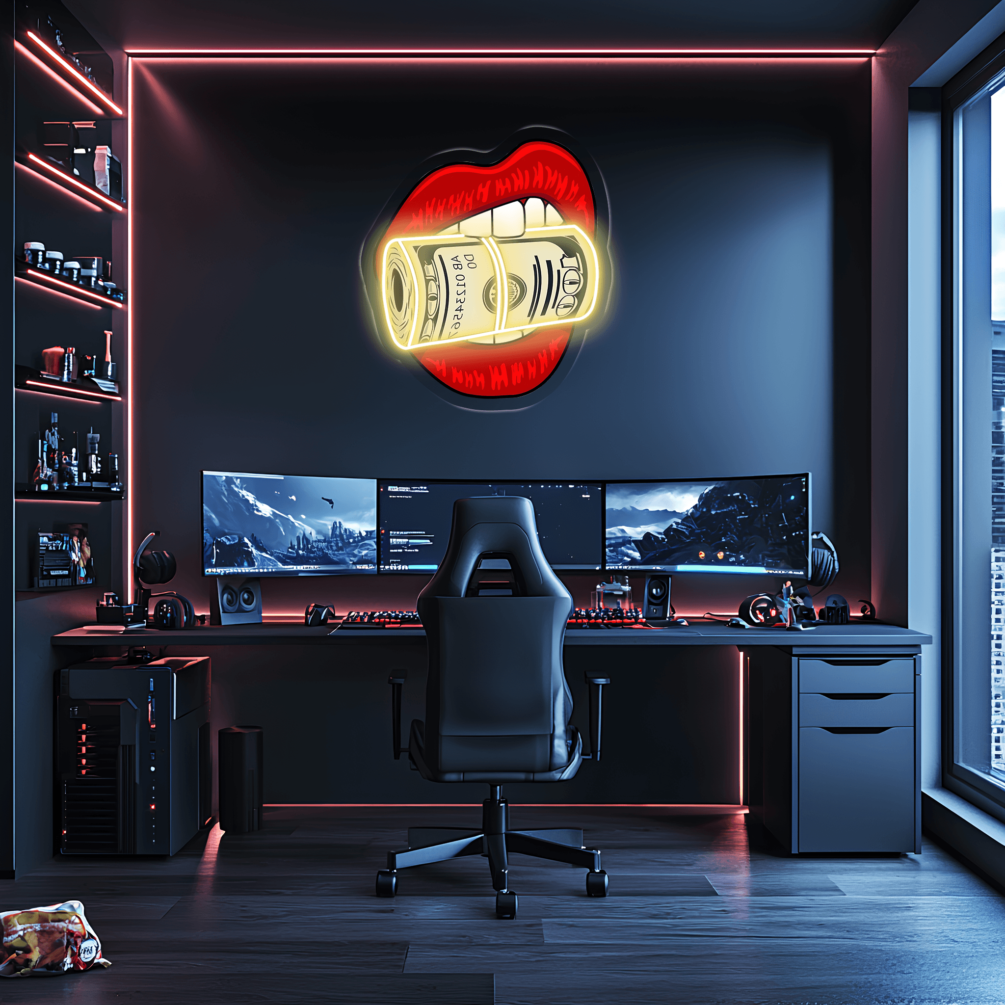 Kiss Dollars LED Neon Wall Sign - Clear Acrylic Backing Gaming Contemporary Decor