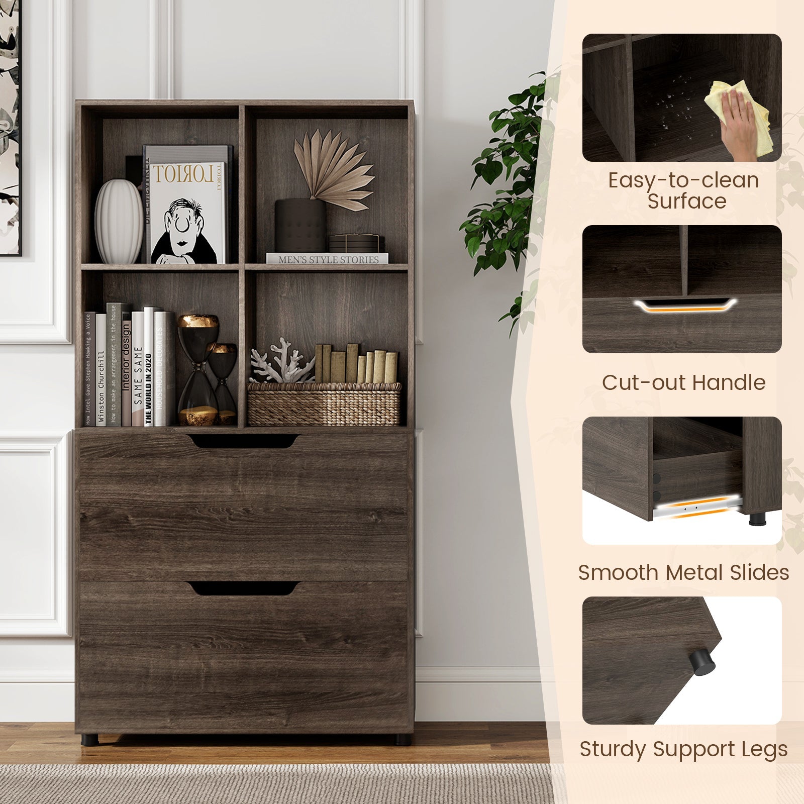 4-Cube Bookcase with 2 Drawers 51 inch 5-Tier Tall Freestanding Bookshelf