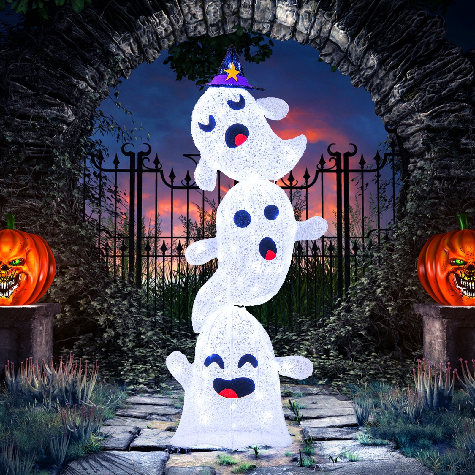 4 FT Lighted Standing Halloween Decoration Stacked Ghosts with 120 LED Lights