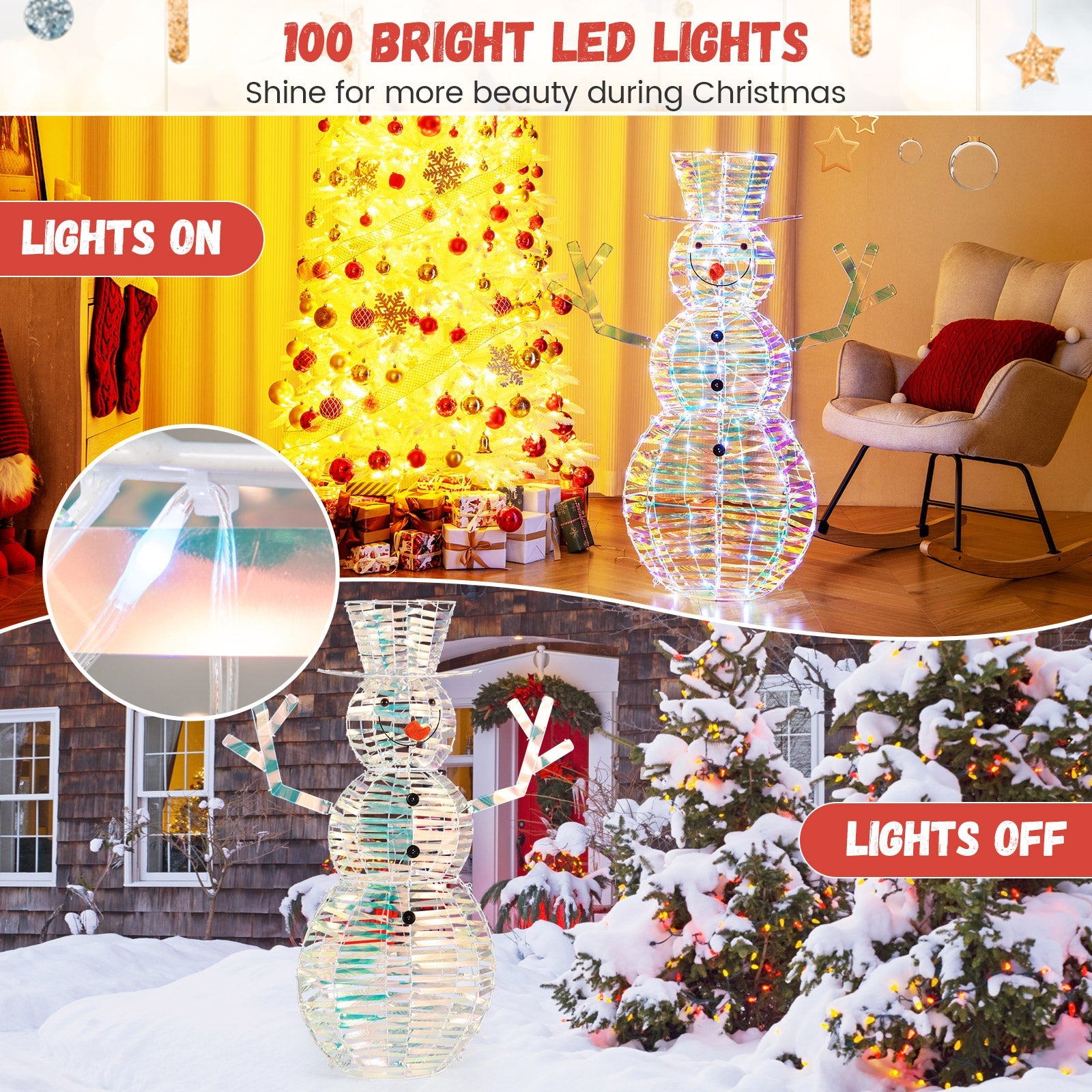 4 Feet Iridescent Christmas Snowman with White LED Lights and Ground Stakes