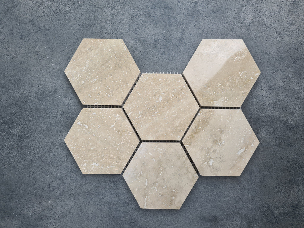 Patara Honed Travertine Hexagon Mosaic Tile 12x12 Walnut Brown Natural Pre Mounted