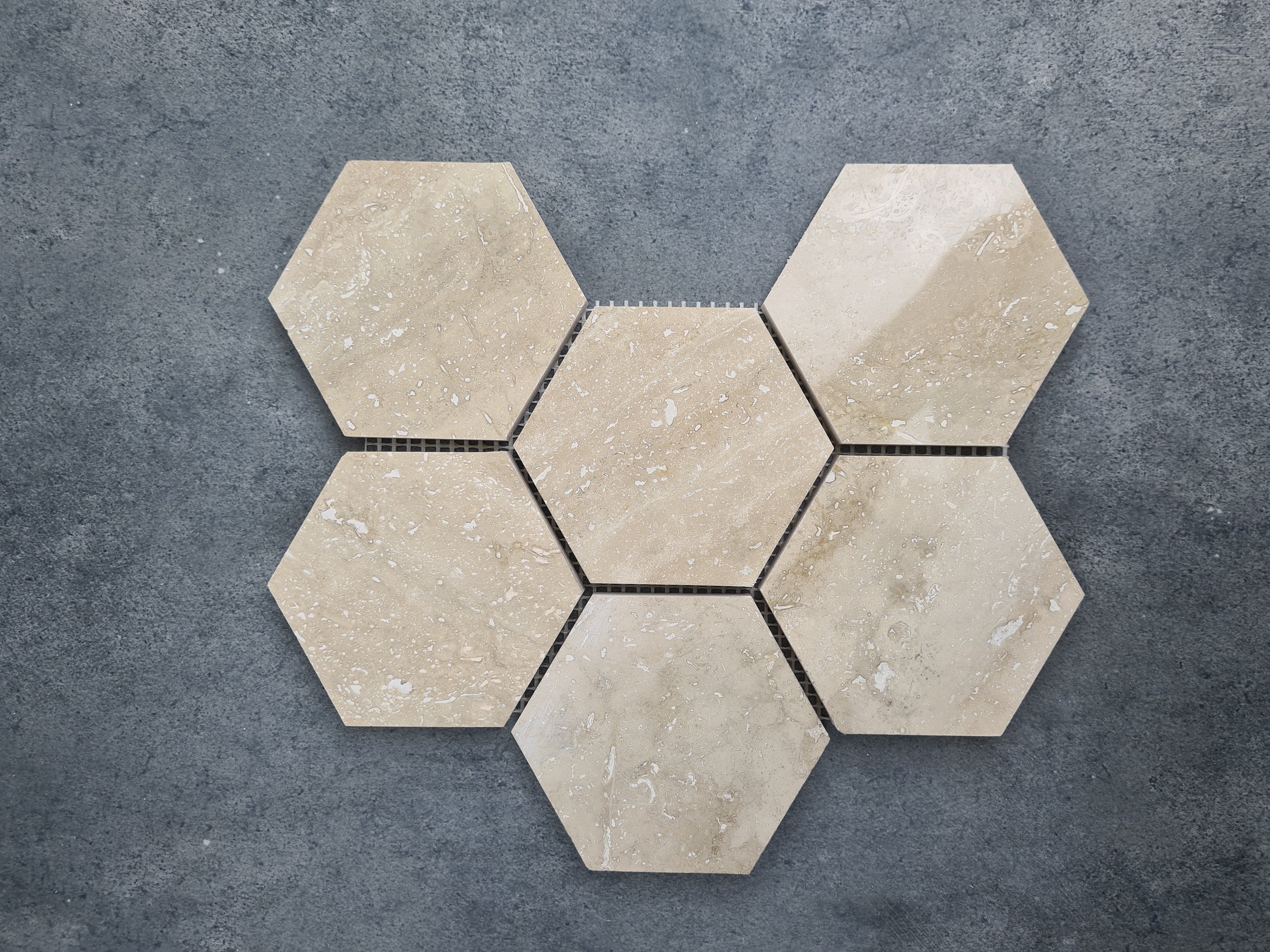 Patara Honed Travertine Hexagon Mosaic Tile 12x12 Walnut Brown Natural Pre Mounted