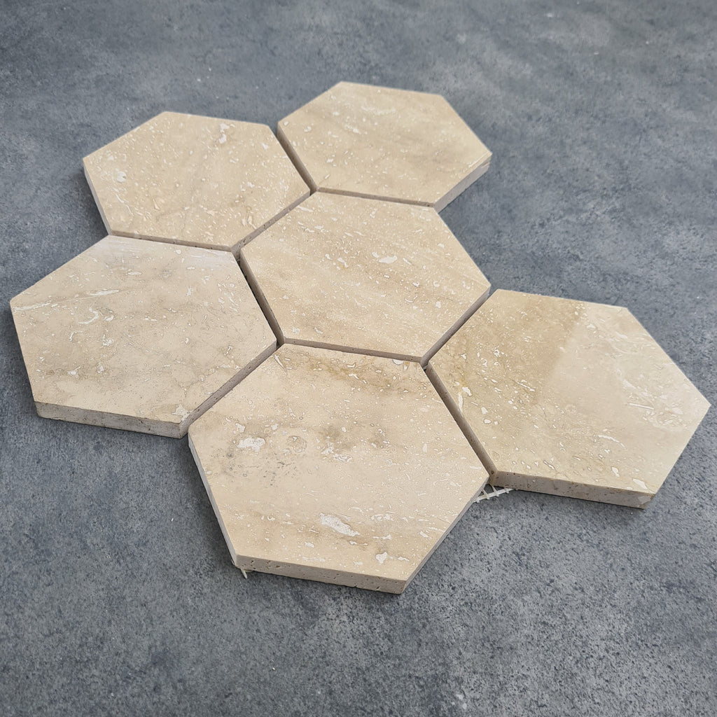 Patara Honed Travertine Hexagon Mosaic Tile 12x12 Walnut Brown Natural Pre Mounted