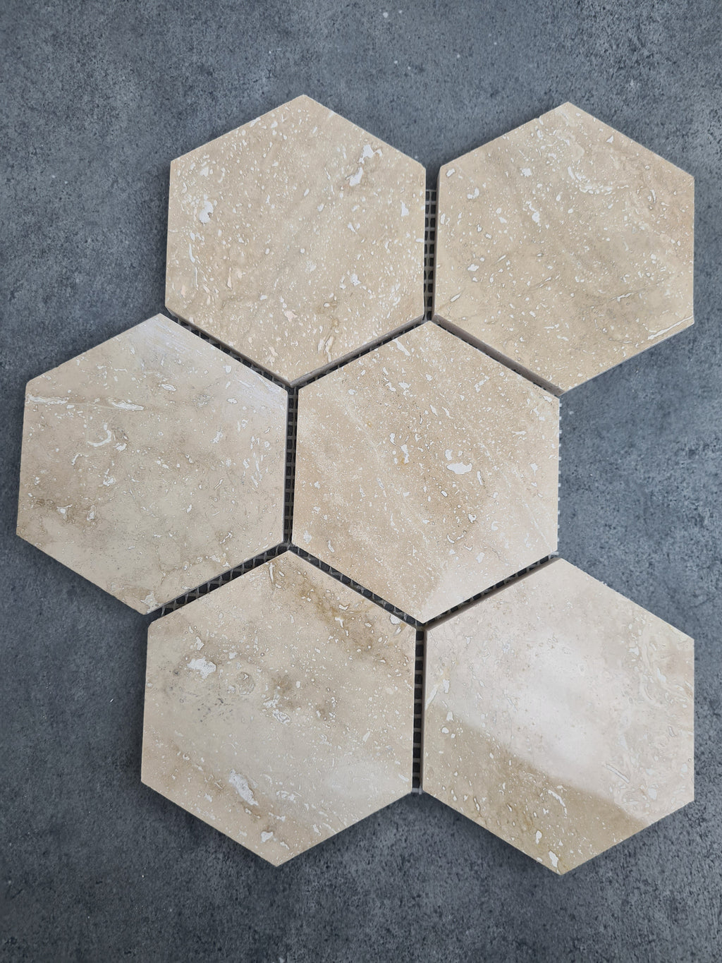 Patara Honed Travertine Hexagon Mosaic Tile 12x12 Walnut Brown Natural Pre Mounted
