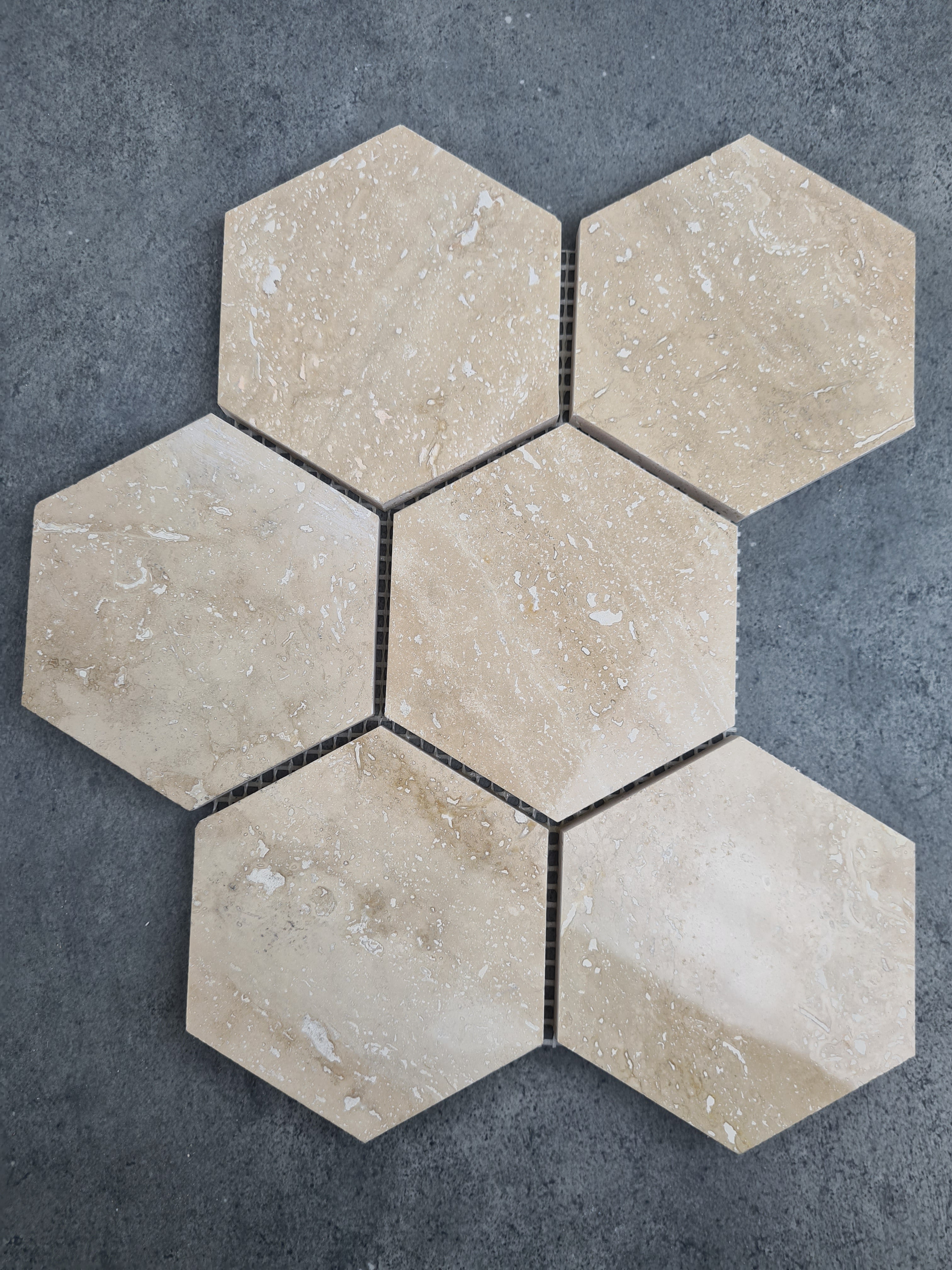 Patara Honed Travertine Hexagon Mosaic Tile 12x12 Walnut Brown Natural Pre Mounted