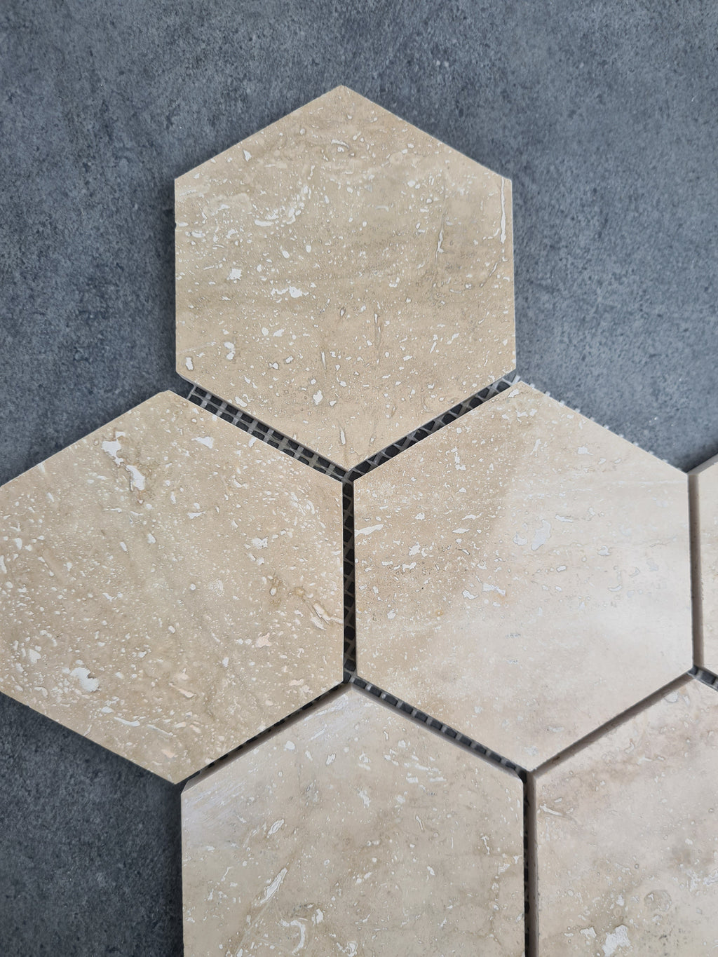 Patara Honed Travertine Hexagon Mosaic Tile 12x12 Walnut Brown Natural Pre Mounted