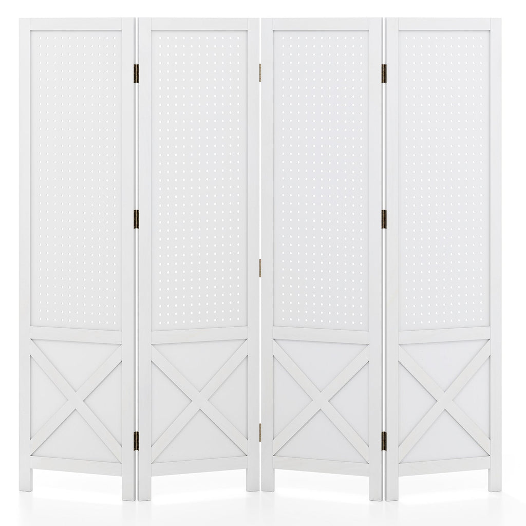 4-Panel Pegboard Display Stand Folding Room Divider with Solid Wood Frame-White