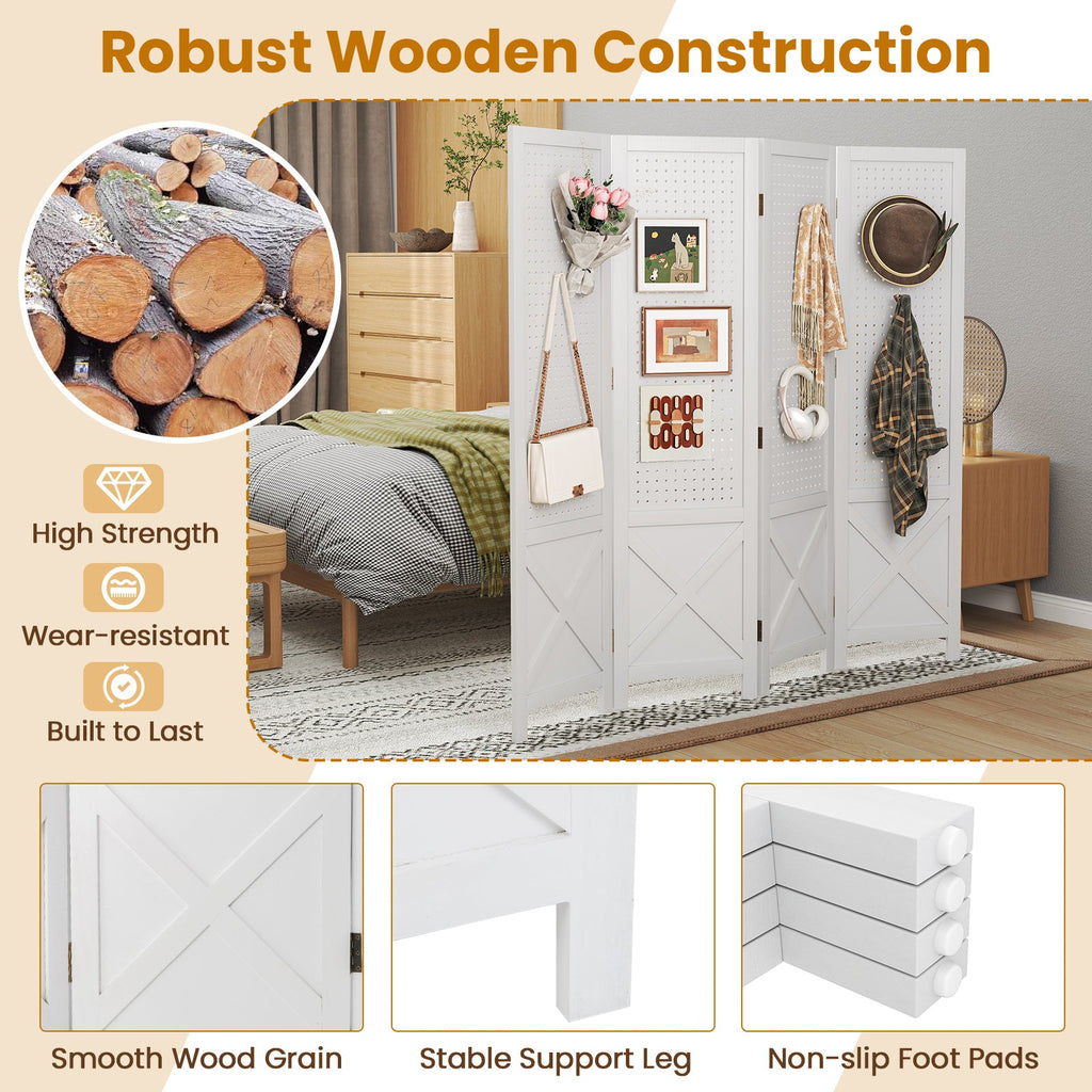 4-Panel Pegboard Display Stand Folding Room Divider with Solid Wood Frame-White