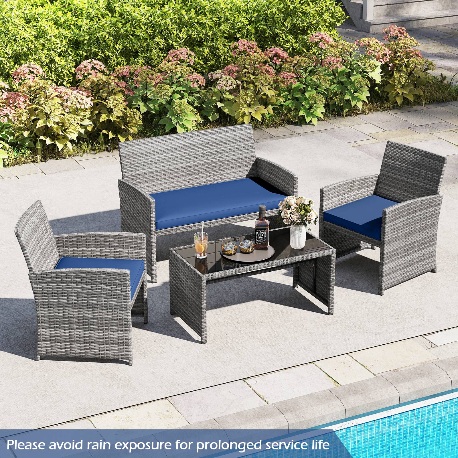 4 Piece Patio Conversation Set Rattan Chair Loveseat and Table Set