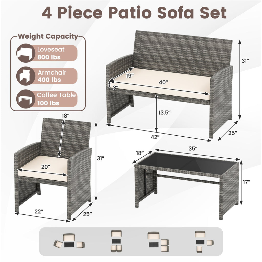 4 Piece Patio Conversation Set Rattan Chair Loveseat and Table Set