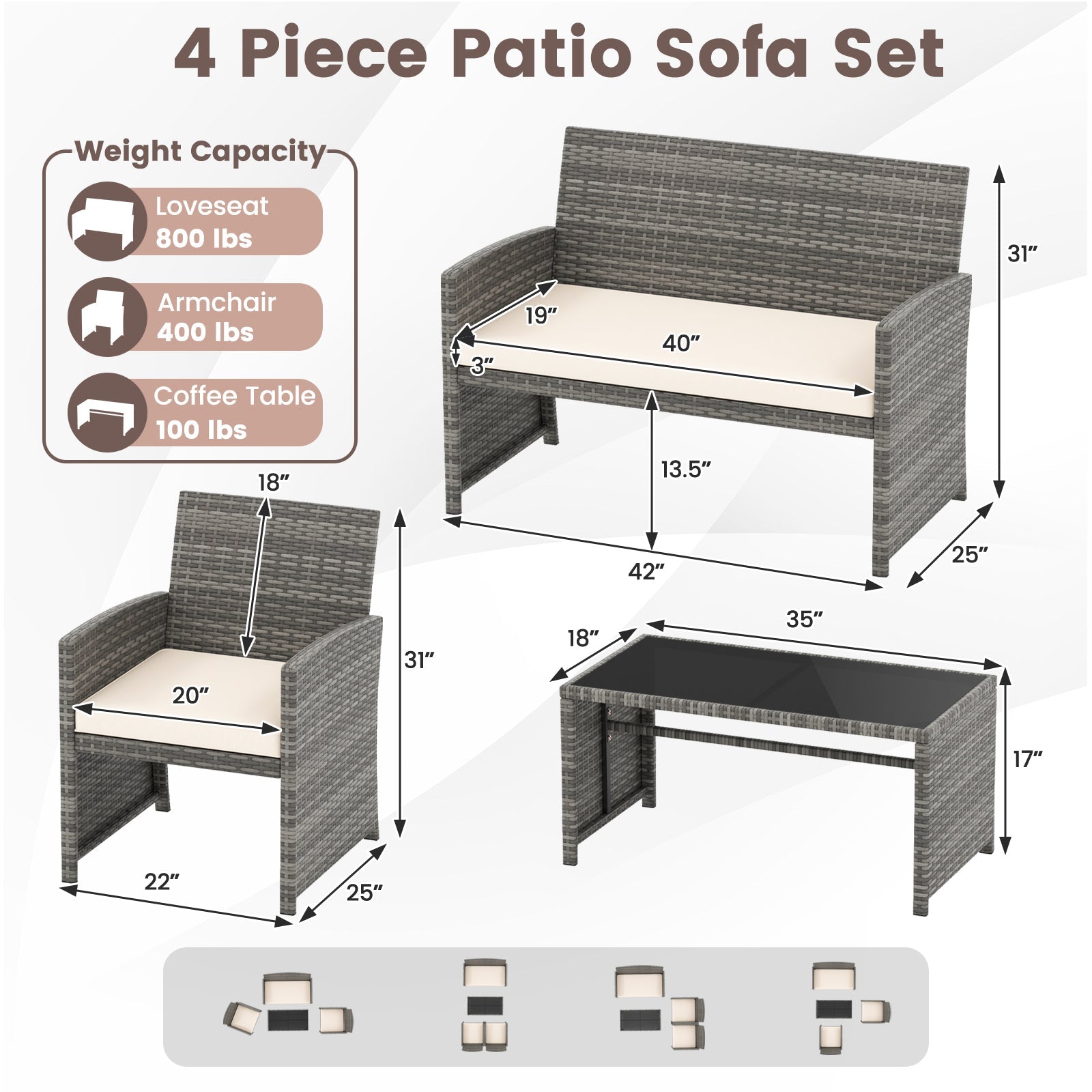 4 Piece Patio Conversation Set Rattan Chair Loveseat and Table Set