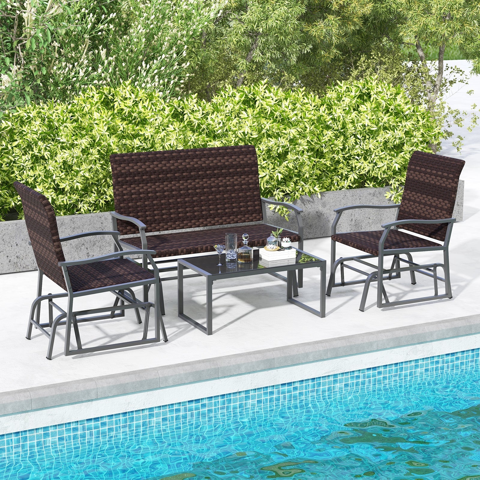 4 Piece Patio Gliding Set Wicker Swing Glider Furniture Set All Weather witrh Tempered Glass Coffee Table-Brown