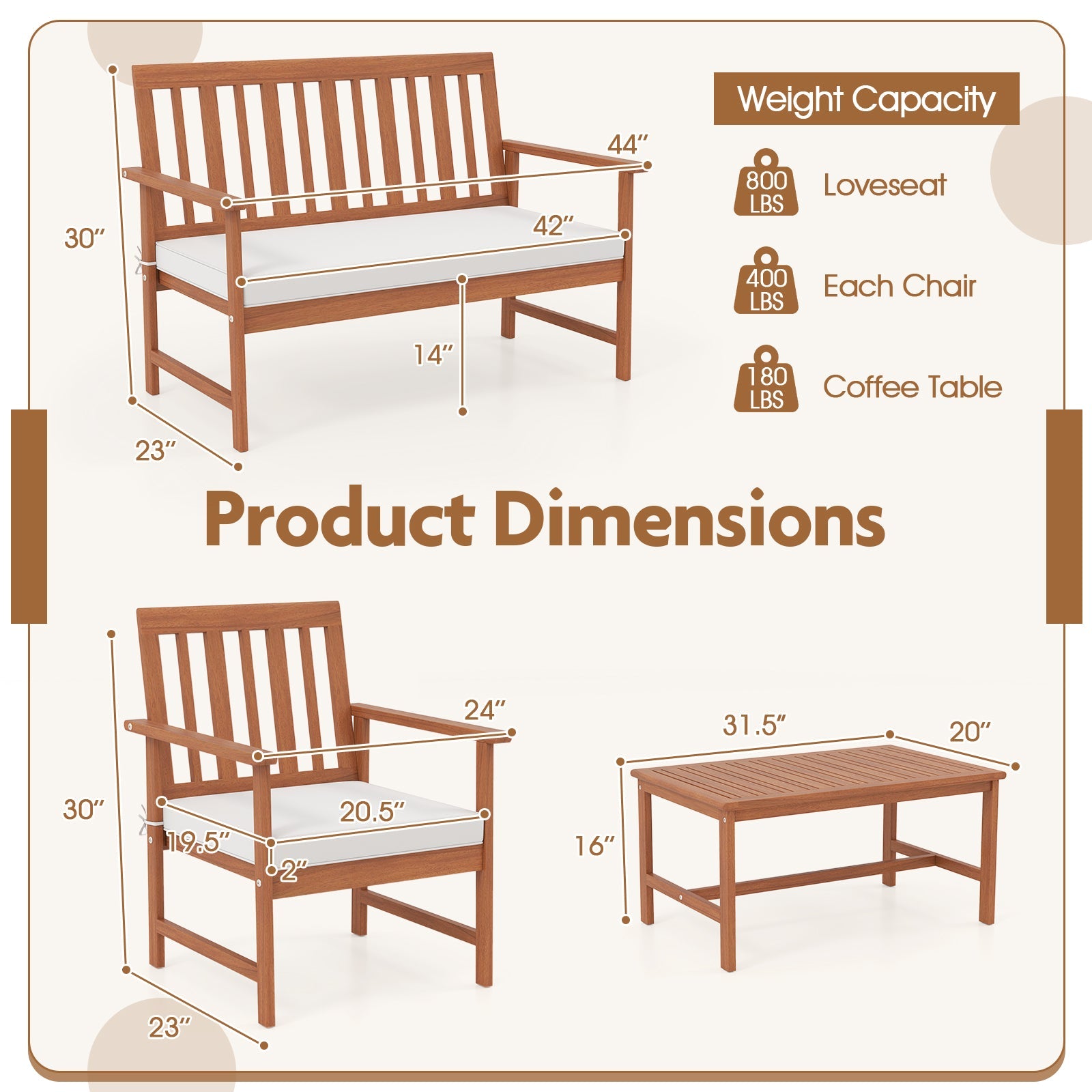 4 Pieces Acacia Wood Furniture Set with Seat Cushions and Robust Wood Frame-White