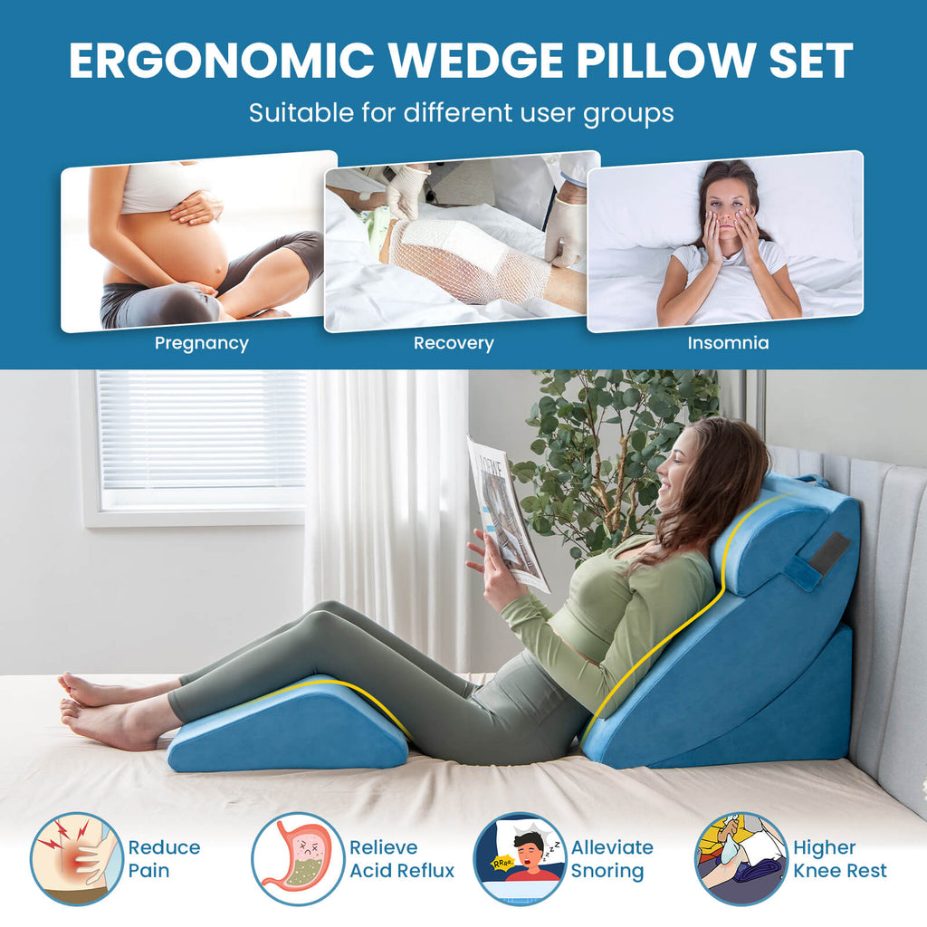 4 Pieces Orthopedic Bed Wedge Pillow Set for Pain Relief-Blue