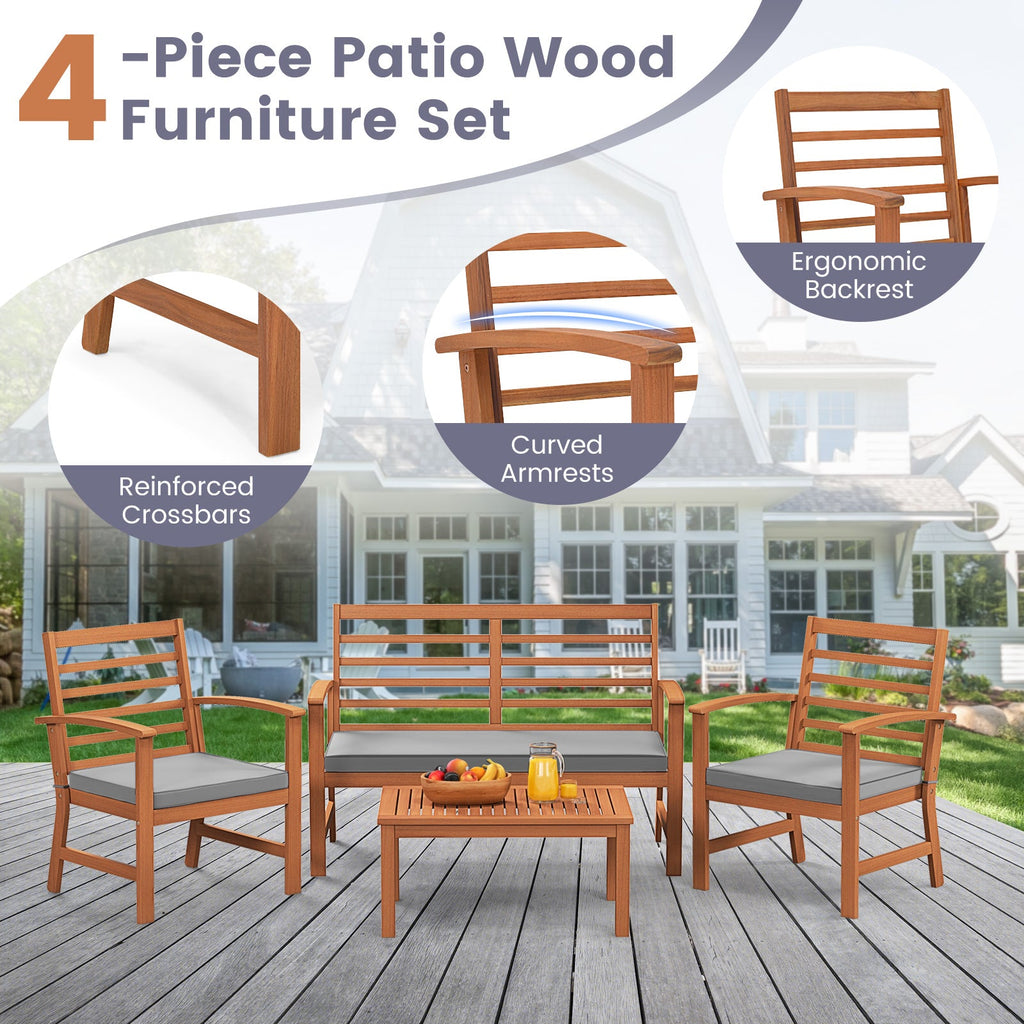 4 Pieces Outdoor Furniture Set with Stable Acacia Wood Frame