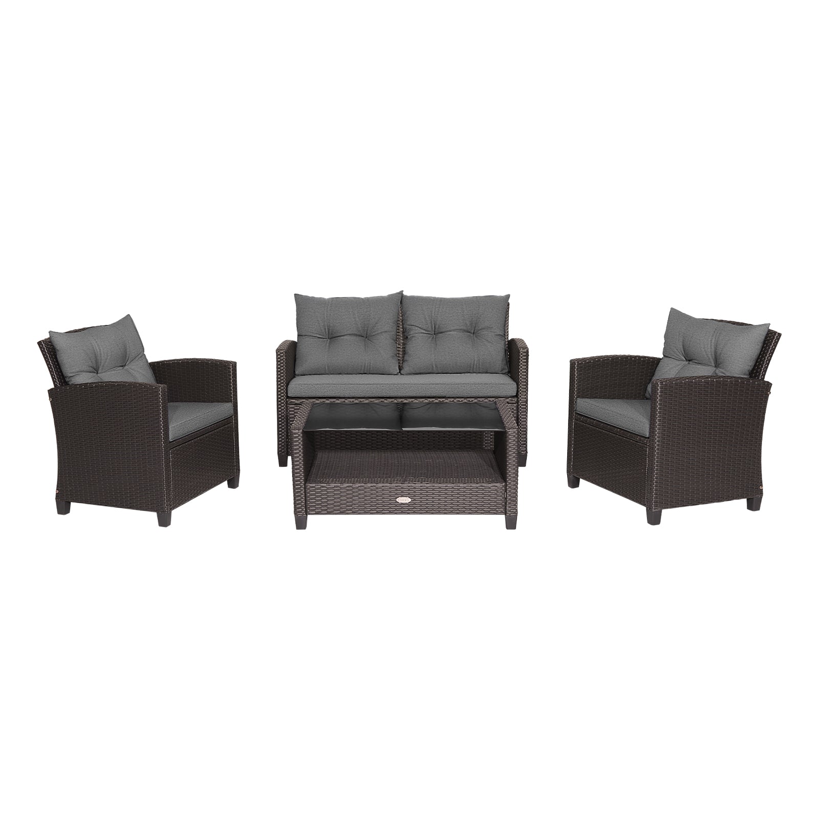 4 Pieces Patio Rattan Conversation Furniture Set with Glass Top Coffee Table-Gray