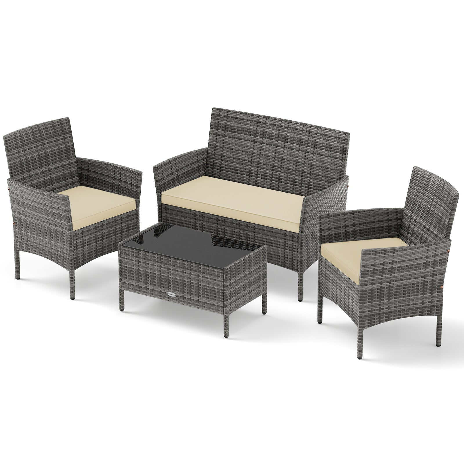 4 Pieces Patio Rattan Conversation Set with Tempered Glass Coffee Table