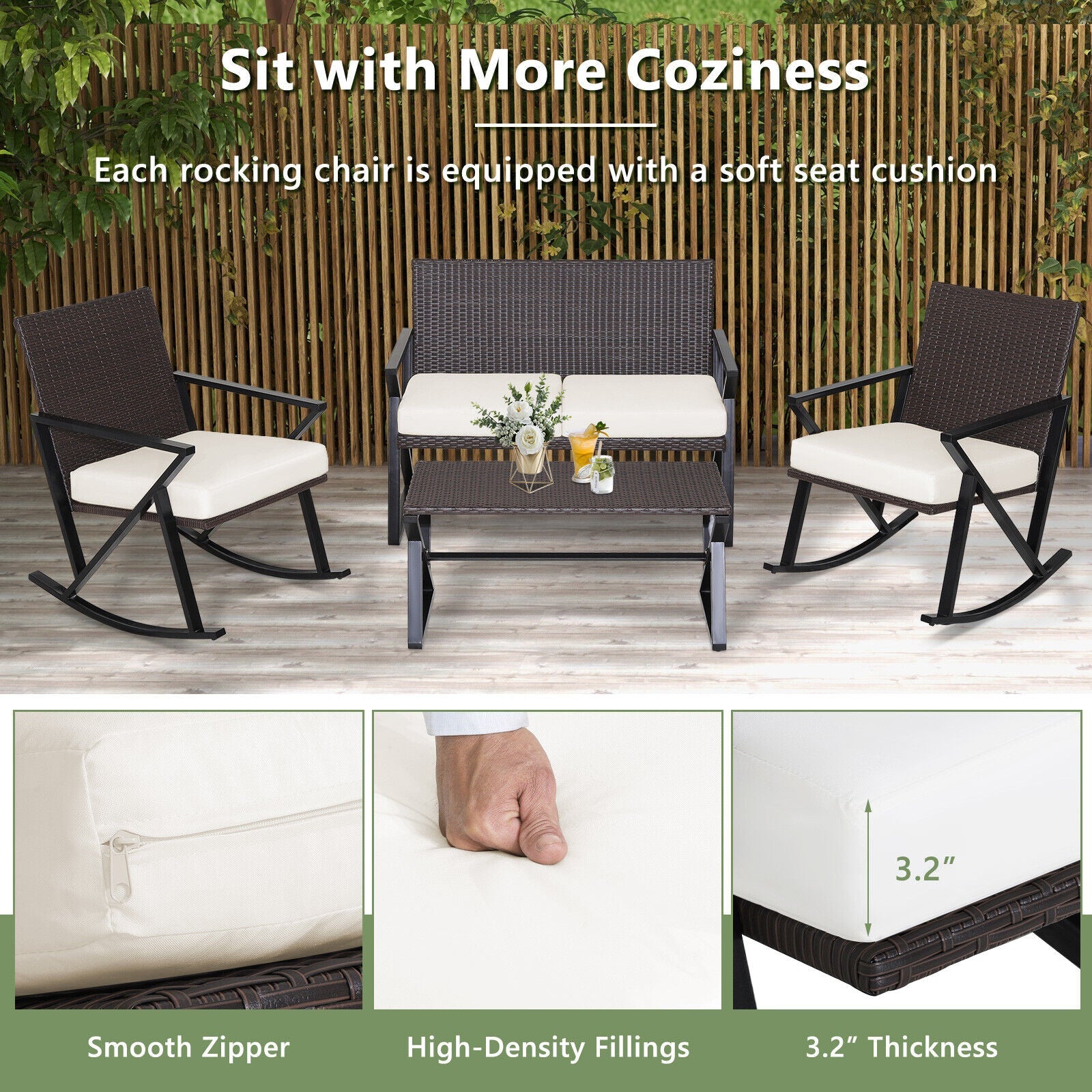 4 Pieces Rattan Patio Rocking Furniture Set with Loveseat and Coffee Table