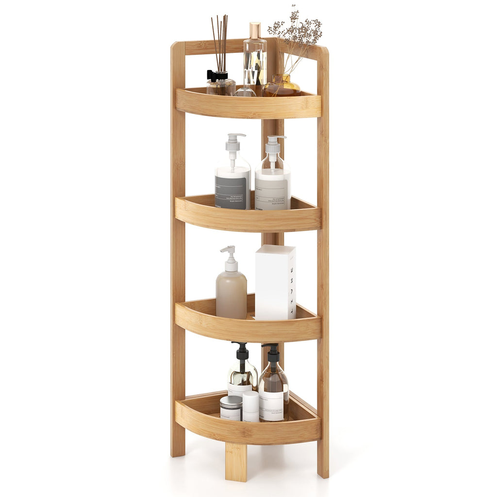 4 Tier Bamboo Corner Shelf Corner Freestanding Storage Organizer Shelving Unit for Bathroom-Natural