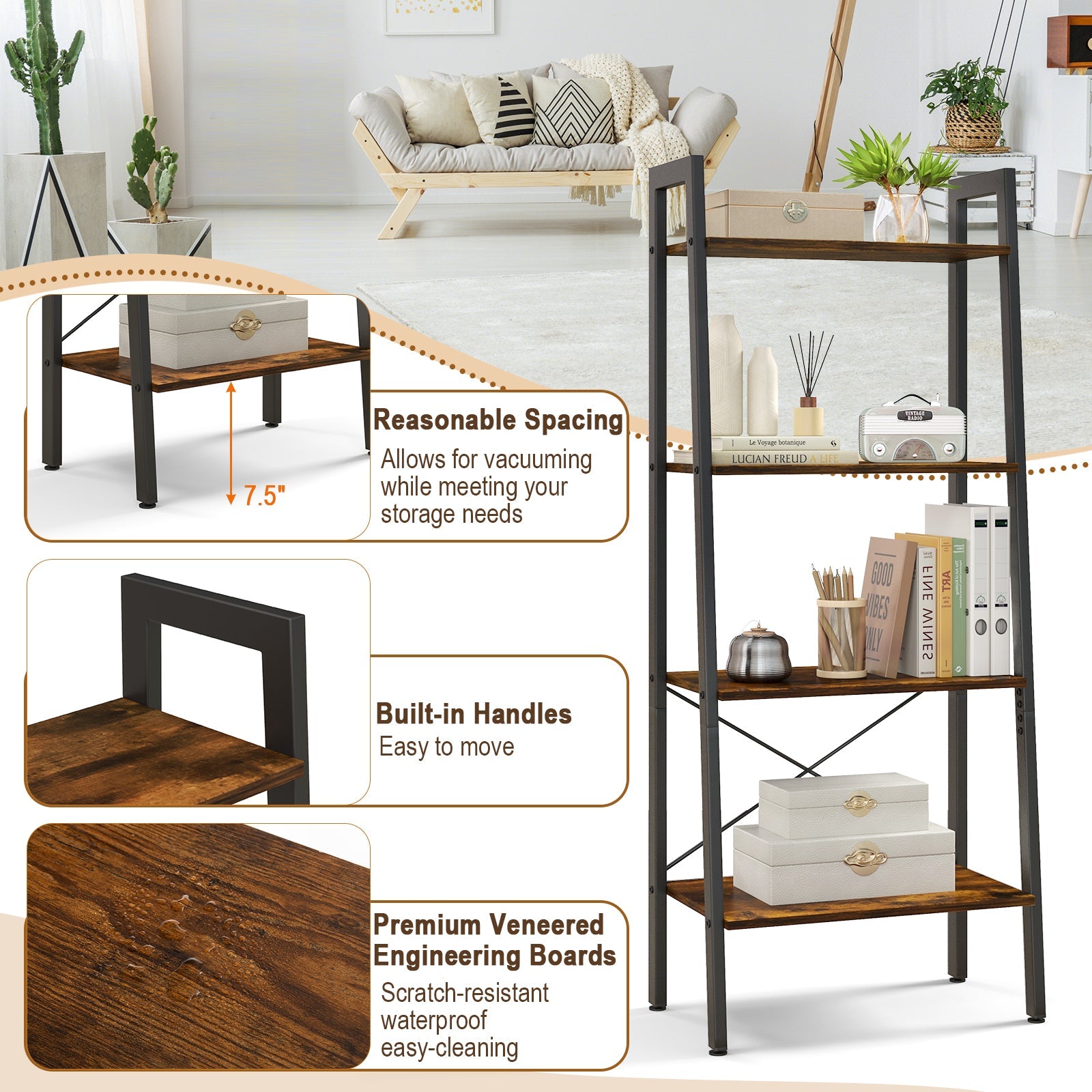 4-Tier Bookshelf with Metal Frame and Adjustable Foot Pads