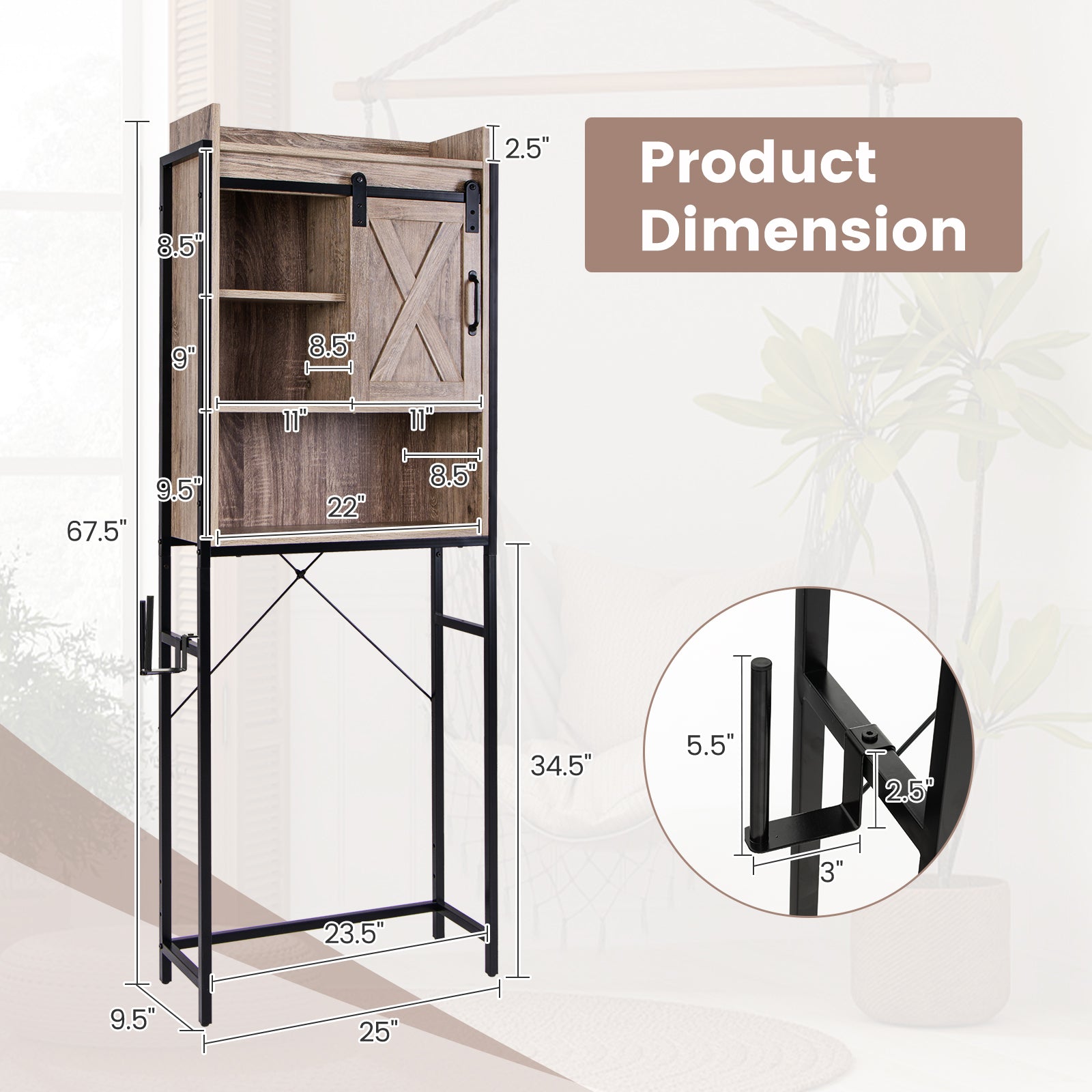4-Tier Multifunctional Toilet Sorage Cabinet with Adjustable Shelf and Sliding Barn Door