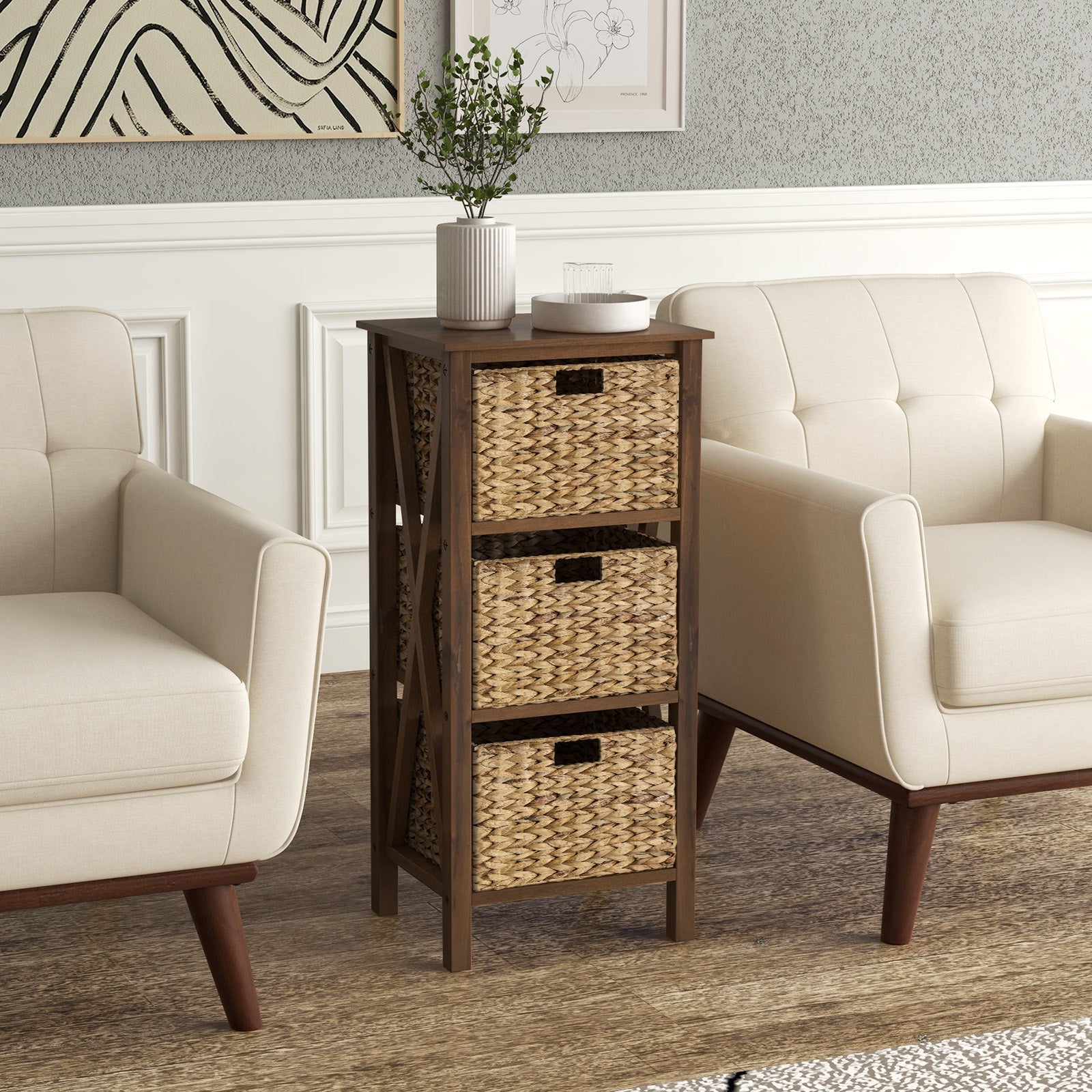 3/4-Tier Nightstand with 2 Seagrass Baskets Narrow X-Design-3