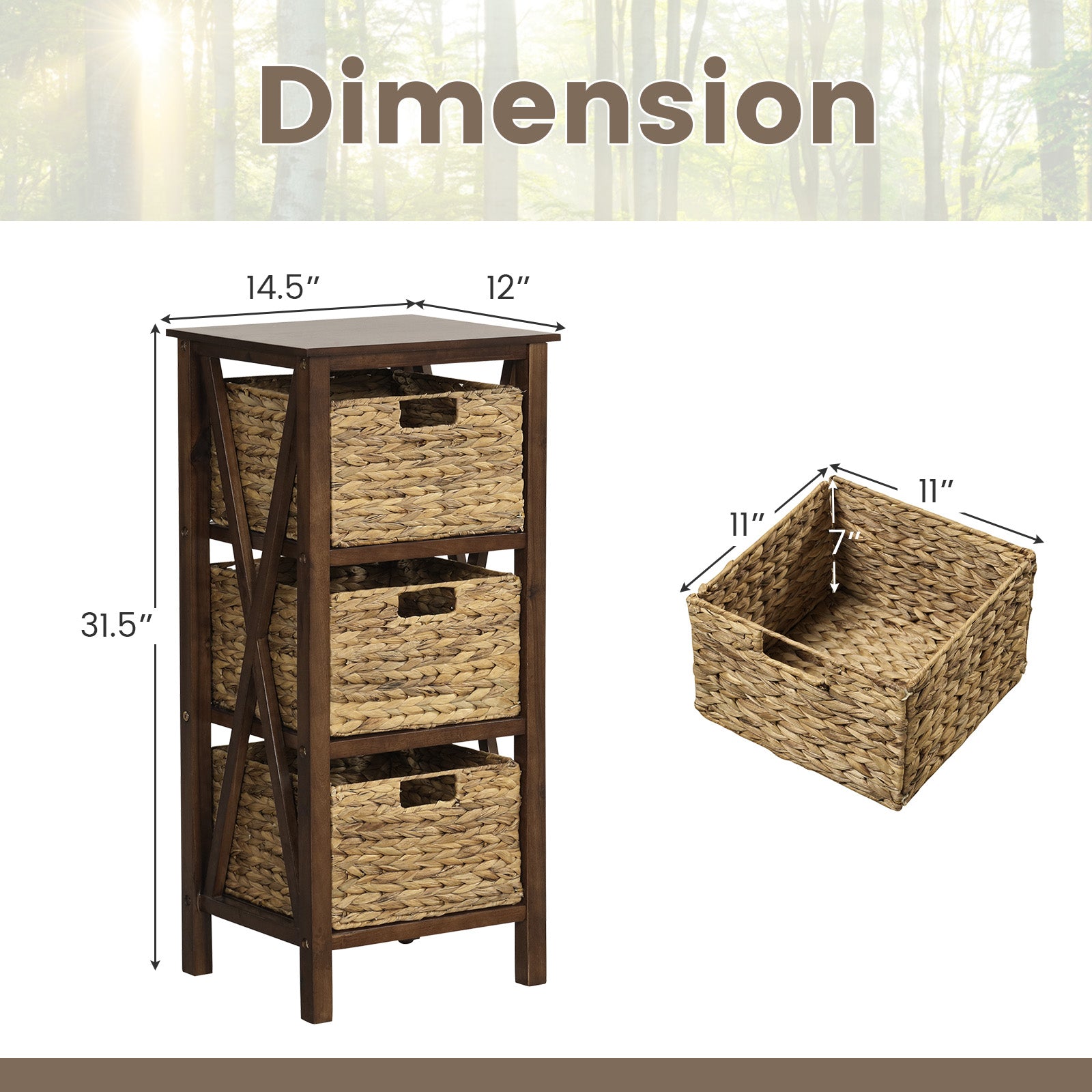 3/4-Tier Nightstand with 2 Seagrass Baskets Narrow X-Design-3