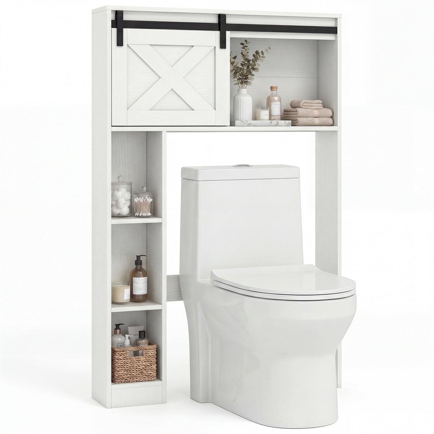 4-Tier Over The Toilet Storage Cabinet with Sliding Barn Door and Storage Shelves