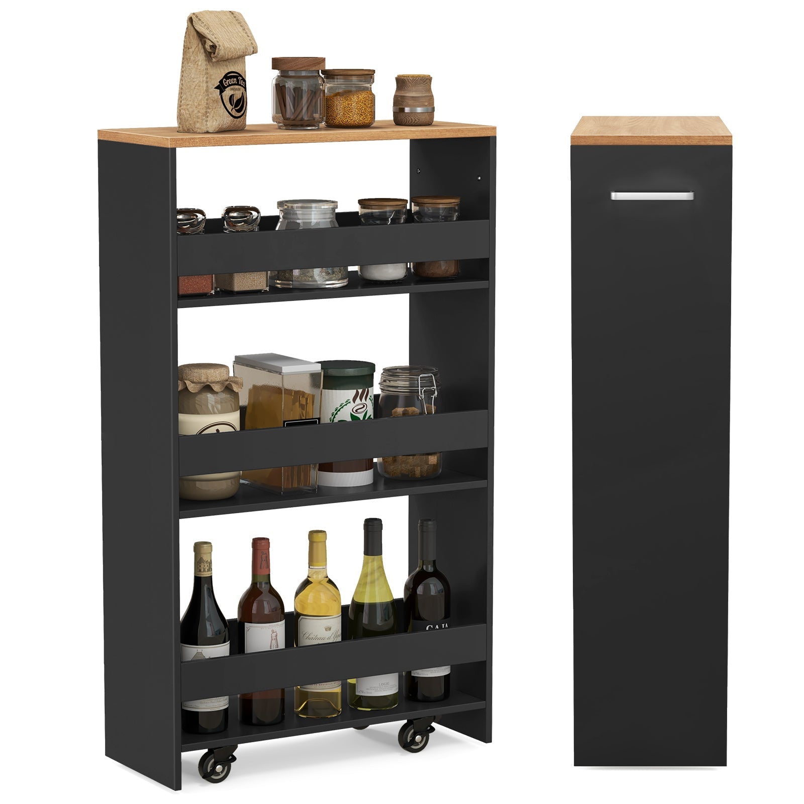 4-Tier Rolling Storage Cart Slim Kitchen Cart on Wheels with Open Shelves and Handle