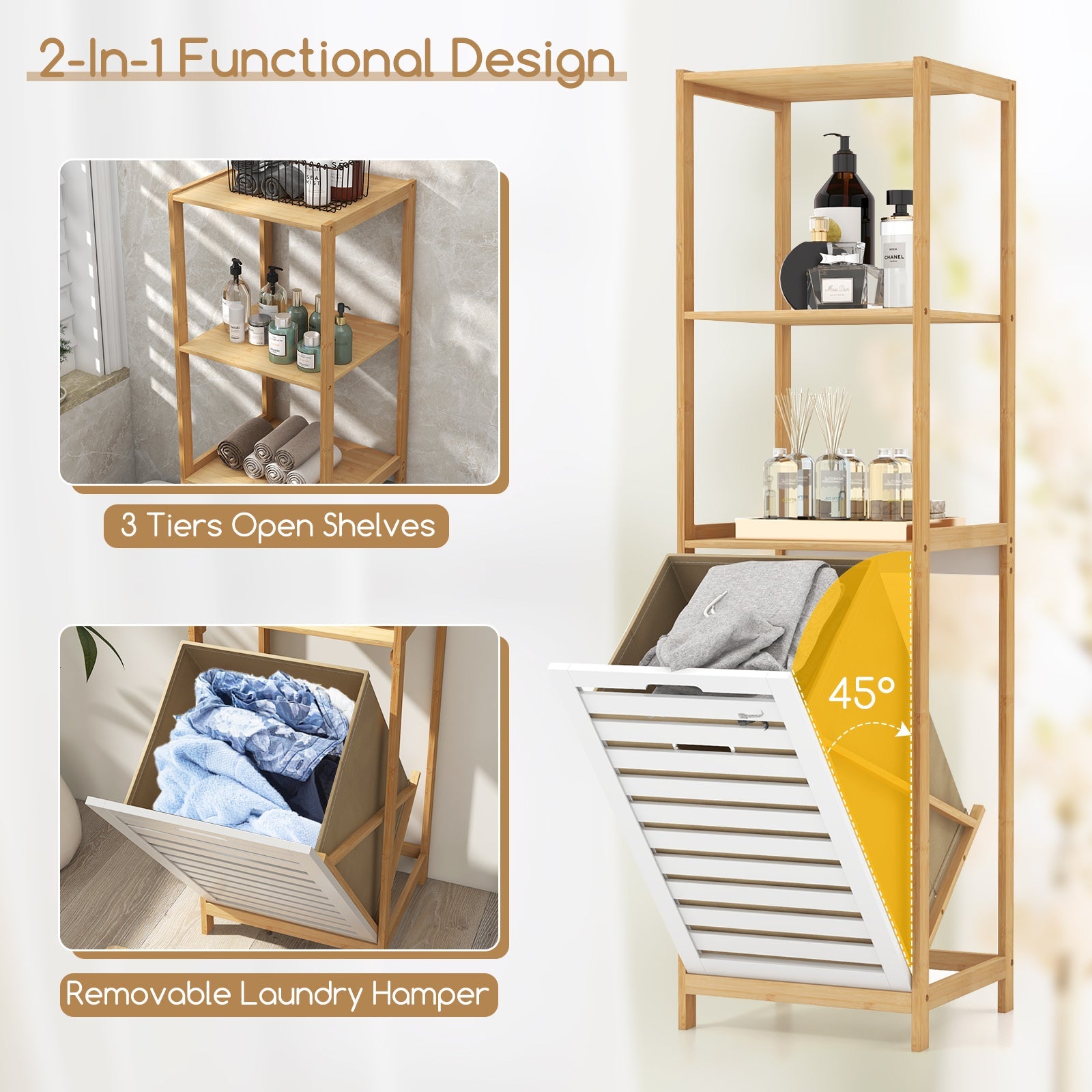 3-Tier Tilt-Out Laundry Hamper with Storage Shelves for Laundry Room-Natural and White