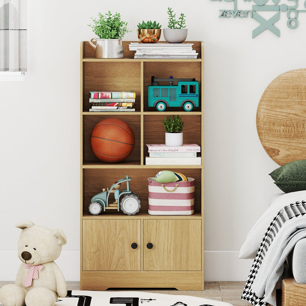 4 Tiers Bookshelf with 4 Cubes Display Shelf and 2 Doors