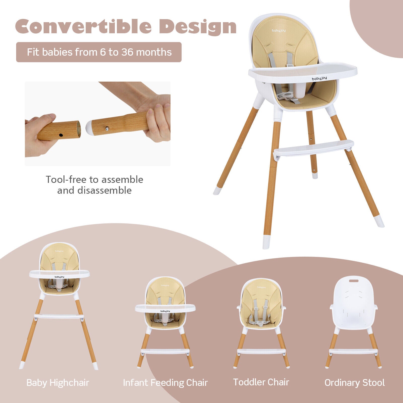 4-in-1 Convertible Baby High Chair Infant Feeding Chair with Adjustable Tray