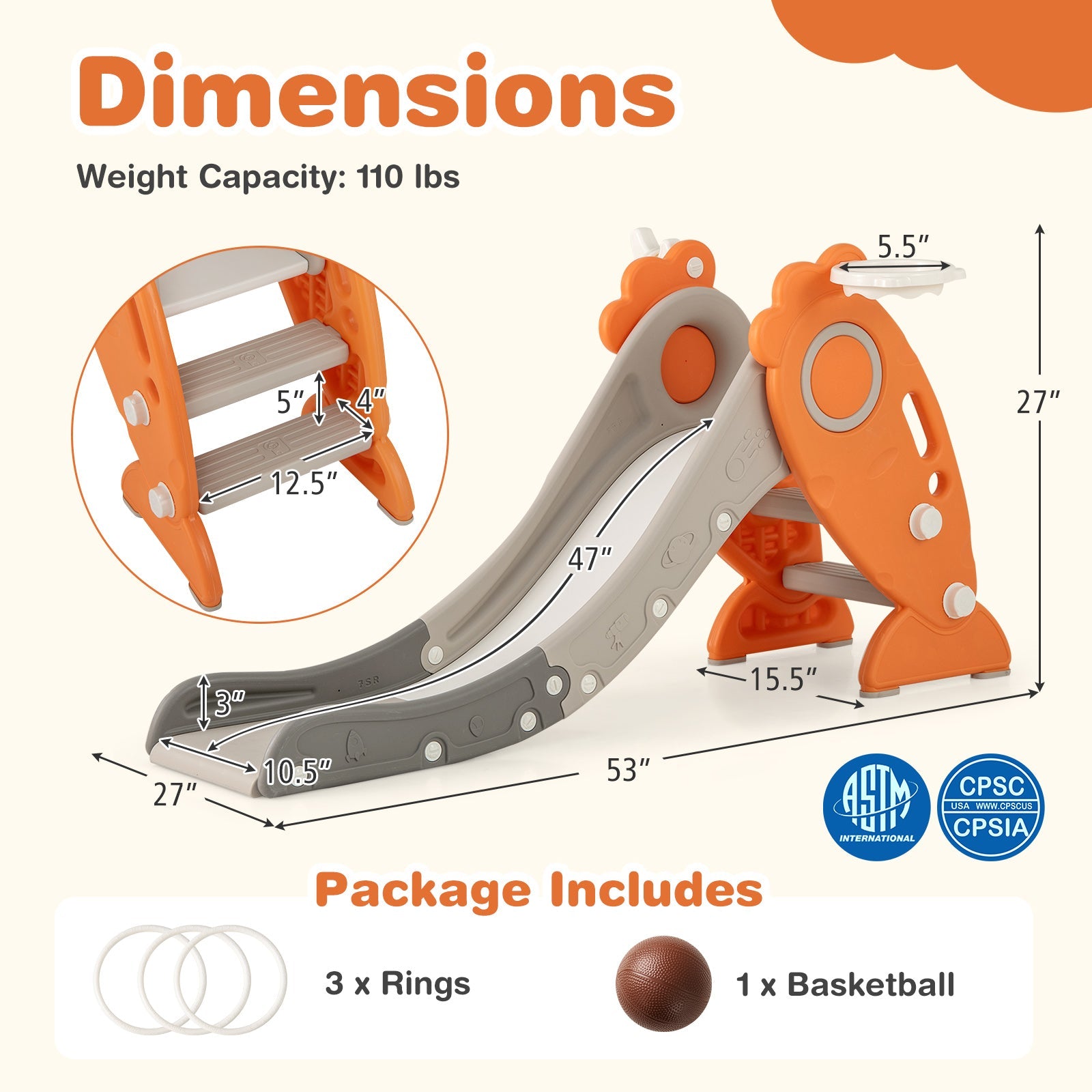 4 in 1 Indoor Slide for Kids Age 3+ Years with Basketball Hoop and Rings-Orange