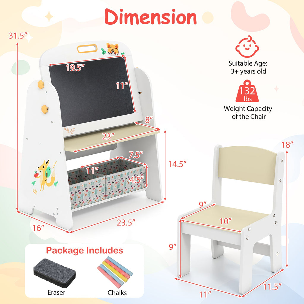 4-in-1 Kids Table and Chair Set Art Easel with Magnetic Whiteboard and Bookshelf-Natural