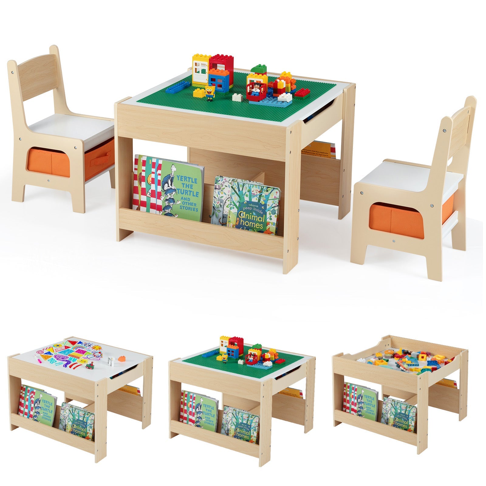 4 in 1 Kids Table and Chair Set with Reversible Graffiti and Building Blocks Tabletop