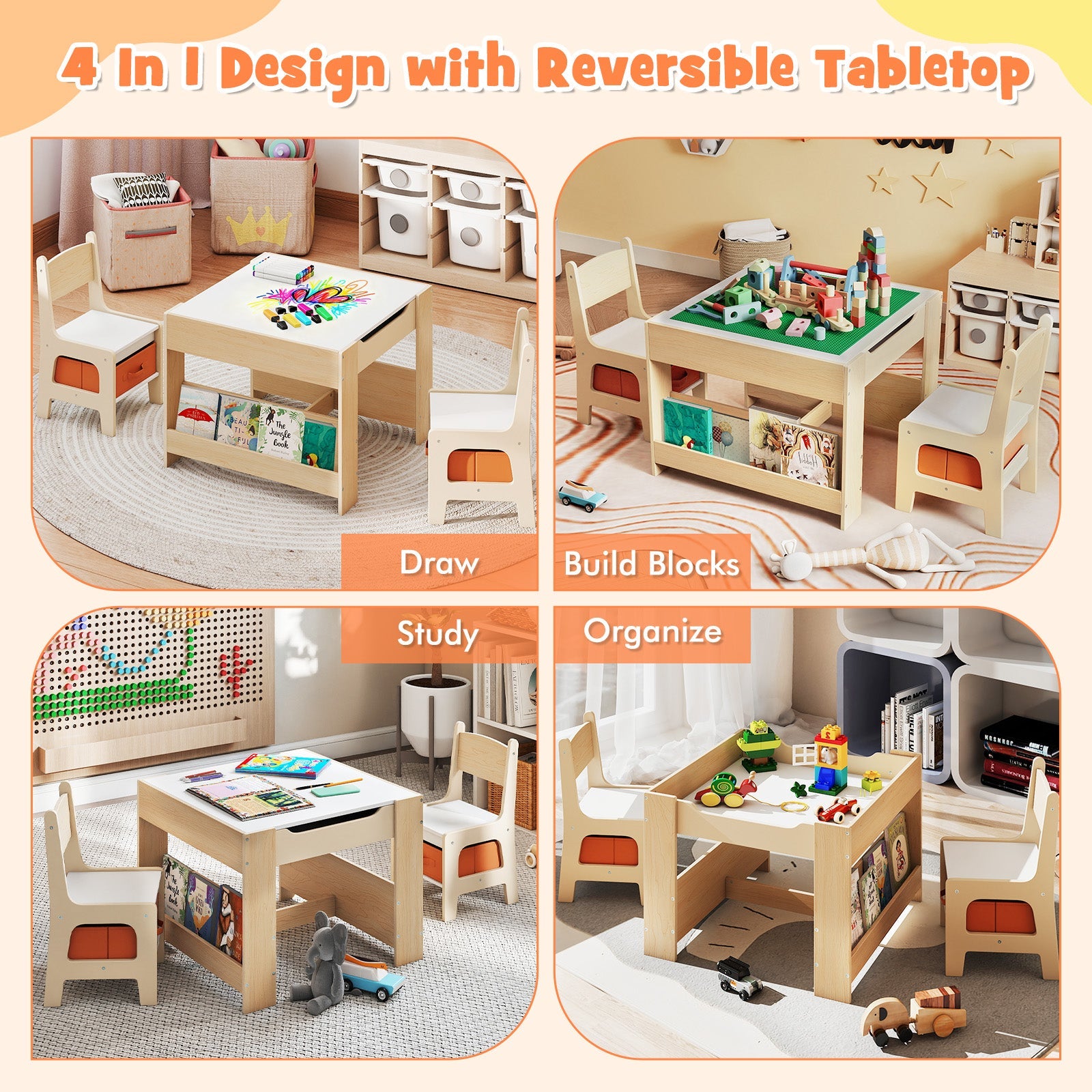 4 in 1 Kids Table and Chair Set with Reversible Graffiti and Building Blocks Tabletop