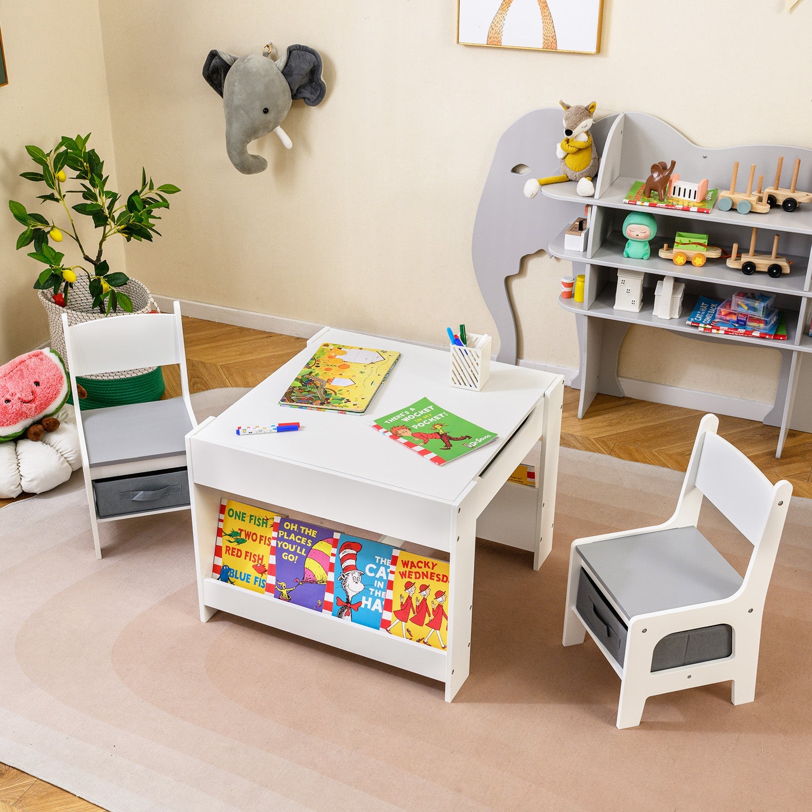 4 in 1 Kids Table and Chair Set with Reversible Graffiti and Building Blocks Tabletop