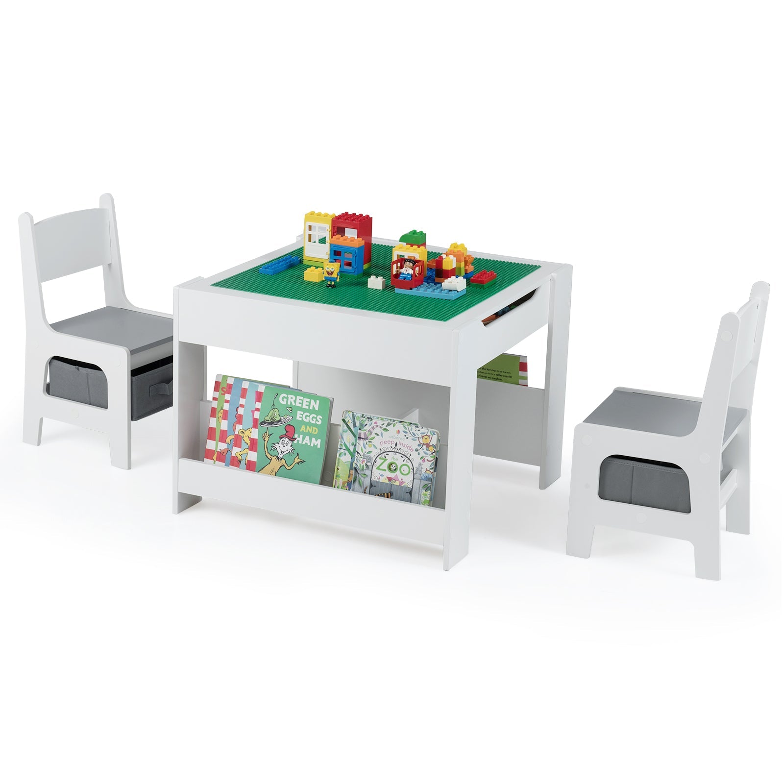 4 in 1 Kids Table and Chair Set with Reversible Graffiti and Building Blocks Tabletop