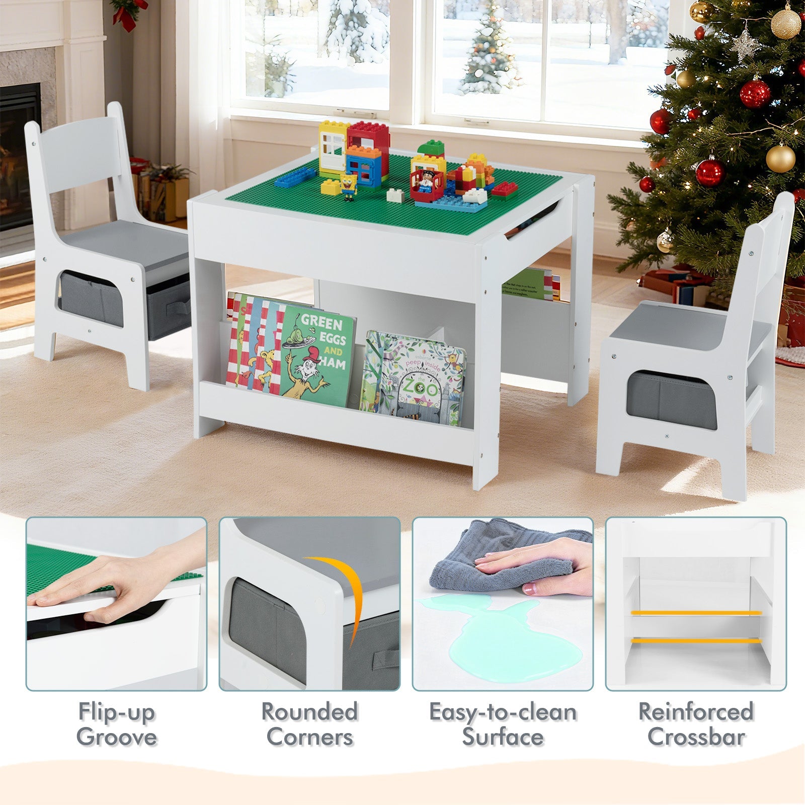 4 in 1 Kids Table and Chair Set with Reversible Graffiti and Building Blocks Tabletop