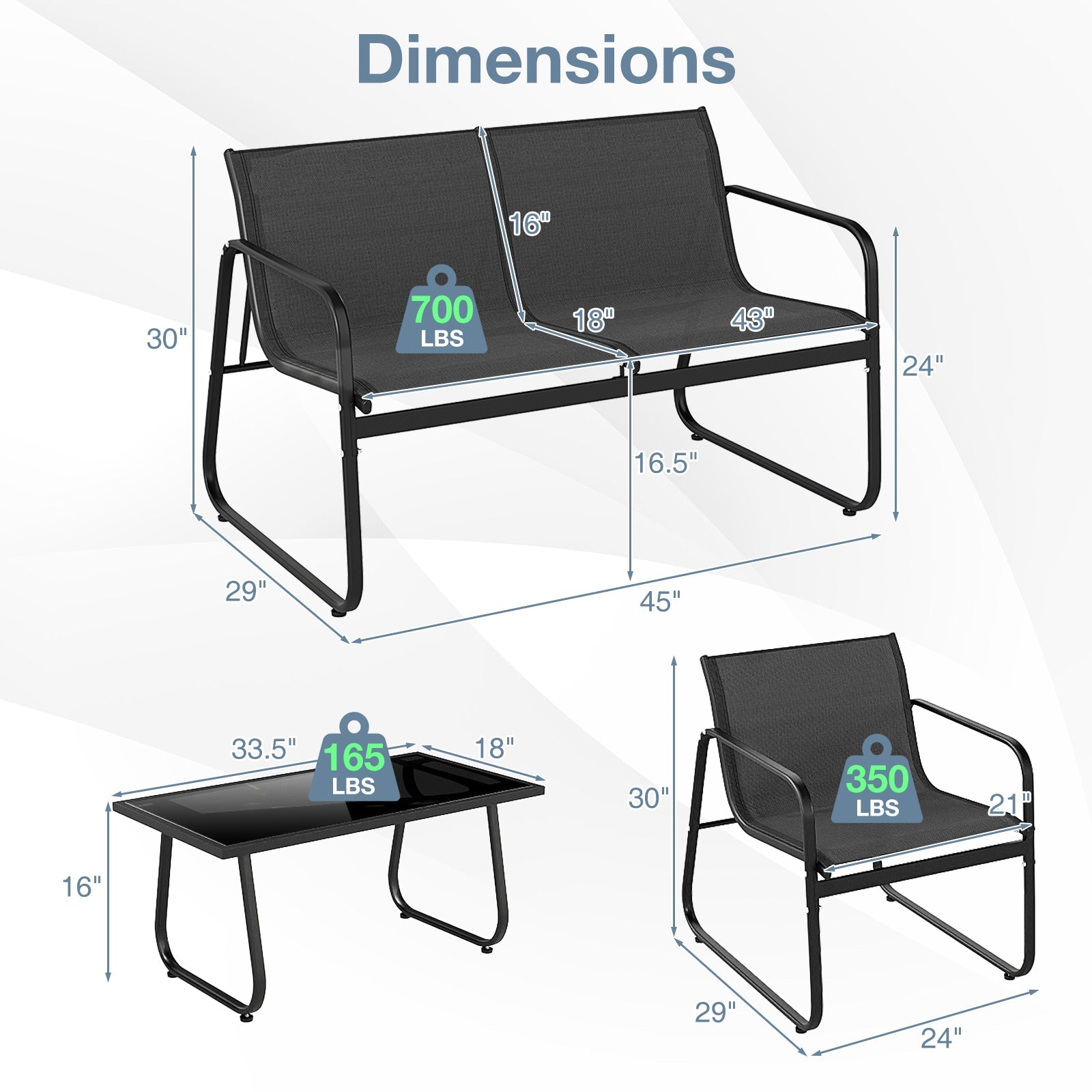 4 Pieces Patio Furniture Set Fabric Lawn Chairs and Loveseat with Glass Coffee Table