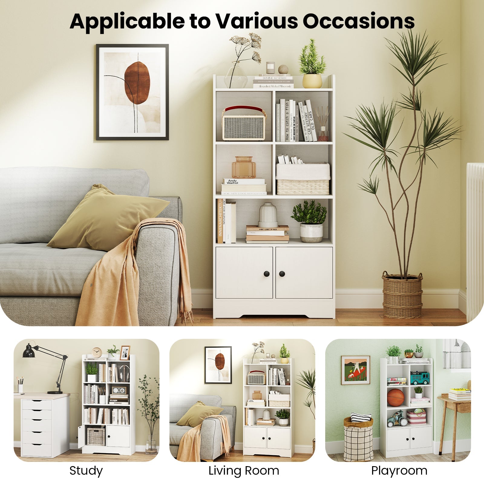 4 Tiers Bookshelf with 4 Cubes Display Shelf and 2 Doors