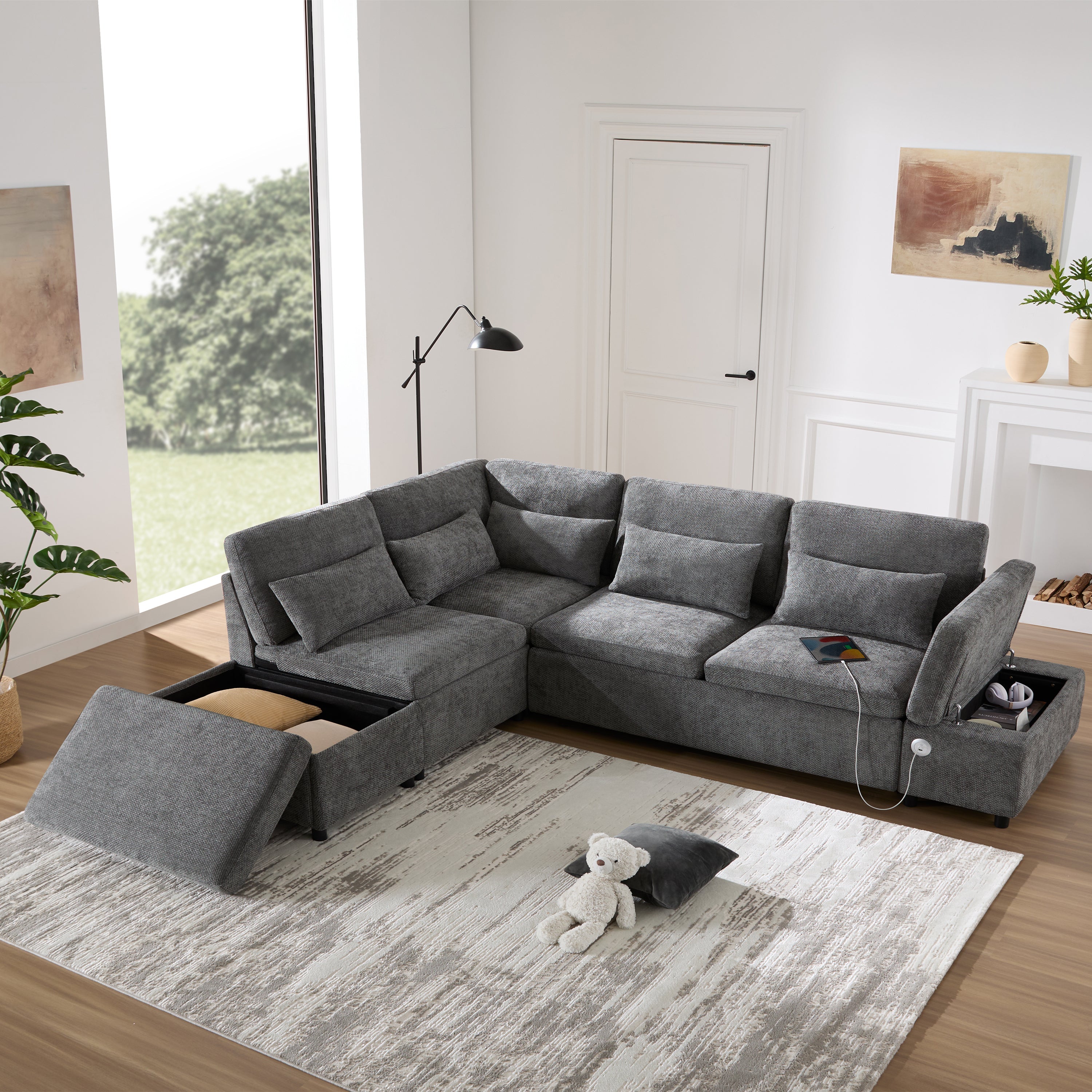 Sofa Bed L-Shape Chenille Gray 6 Seat Pull-Out USB Ports 107 In