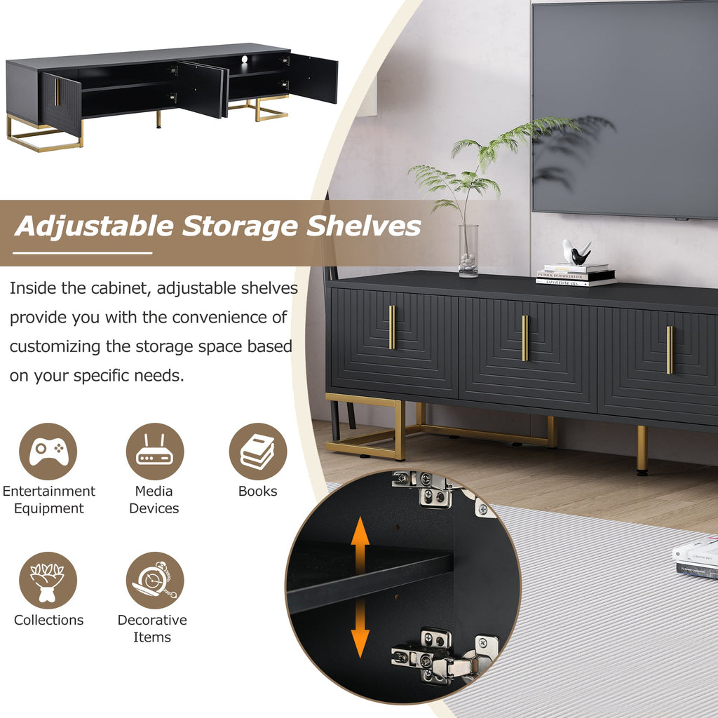 TV Stand Modern Black Gold Geometric Door MDF Adjustable Shelves Fits 80 In