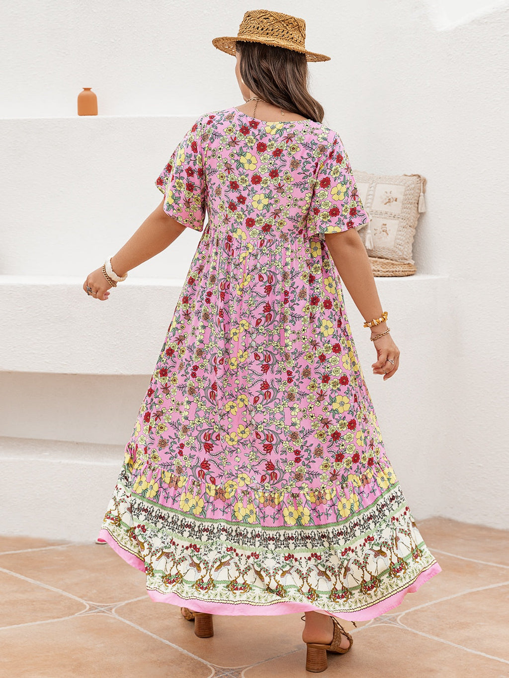 Plus Size Floral Tie Neck Flutter Sleeve Maxi Dress