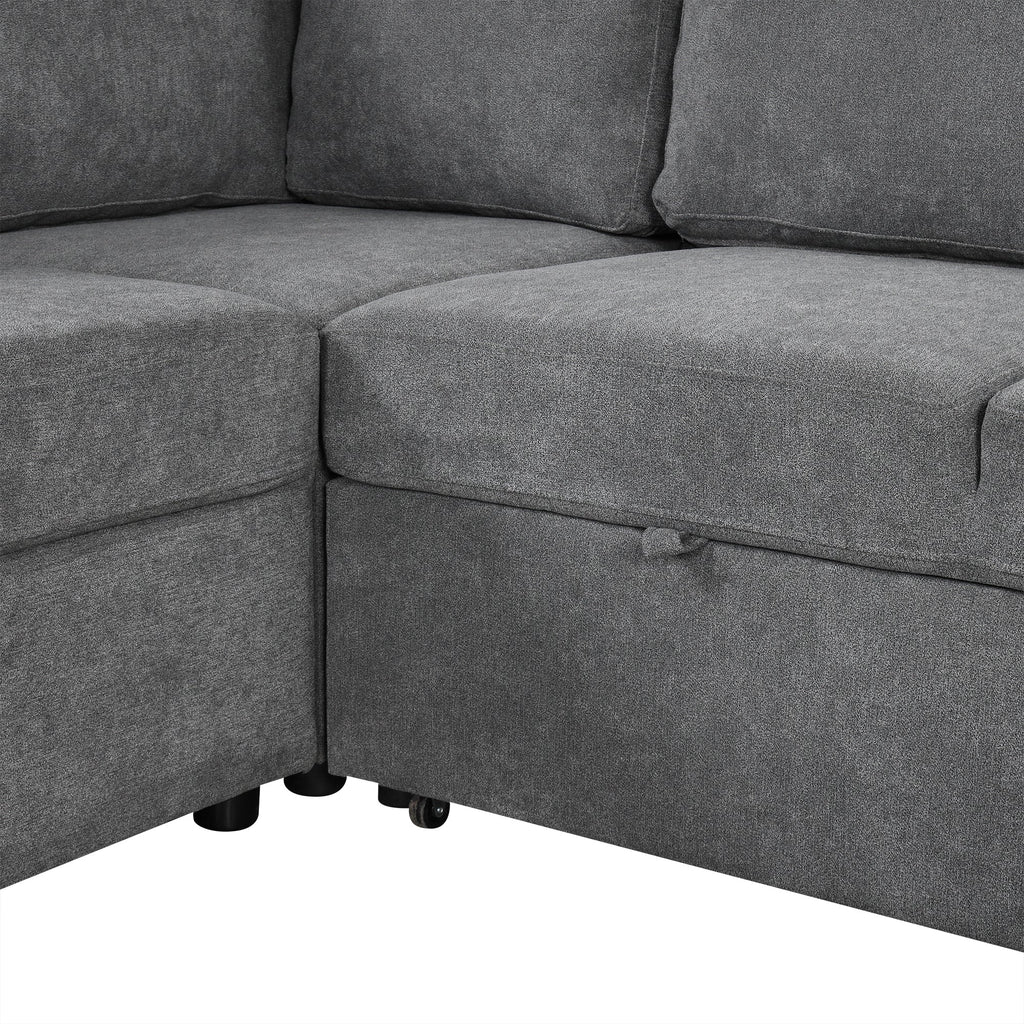 Sectional Sofa U-Shape Chenille Gray 5 Seat USB Ports Pull-Out 109 In