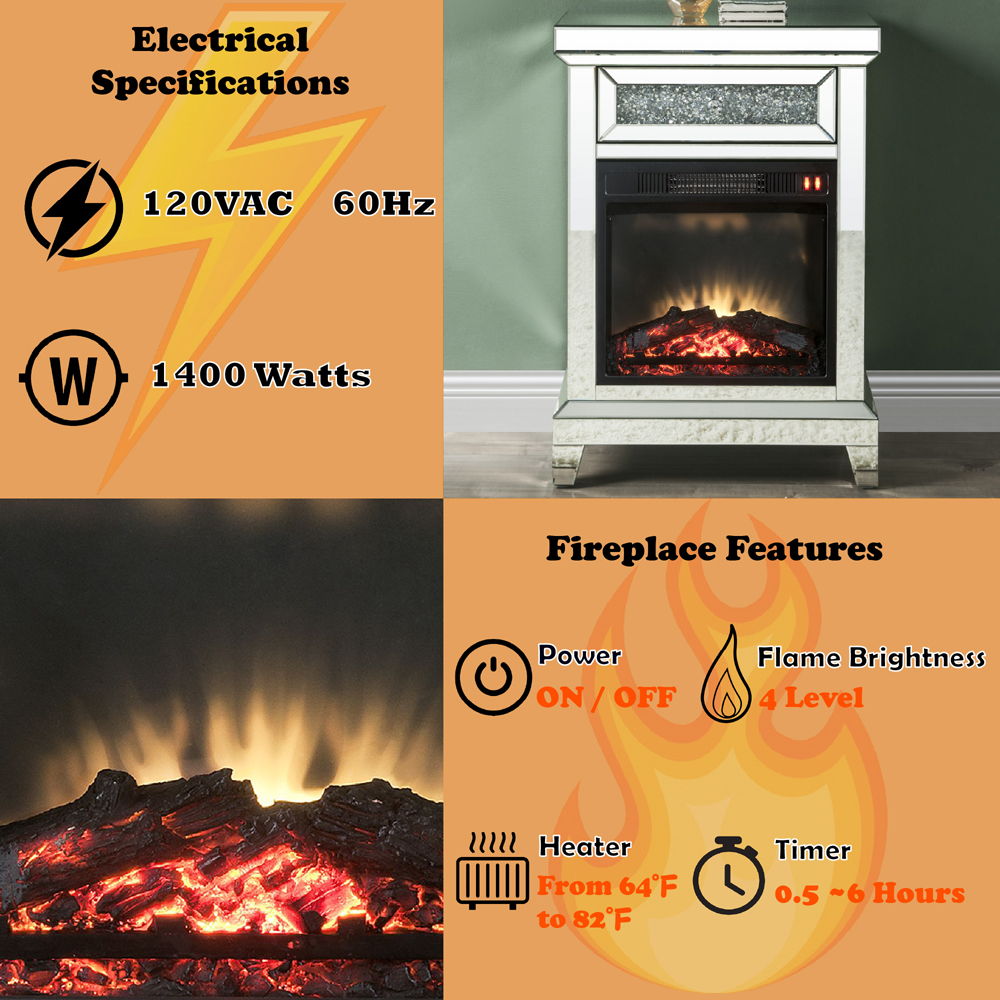 Noralie - 24" Fireplace - Mirrored & Faux Diamonds