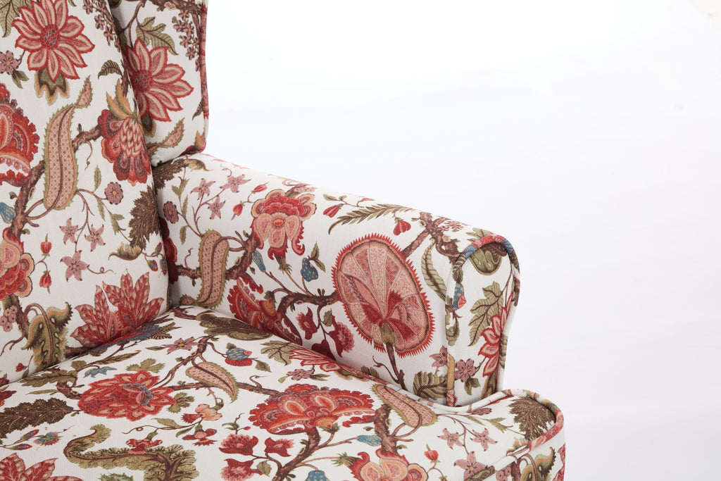 Accent Chair Wingback Linen Floral Red Pine Legs 28x30x38 In