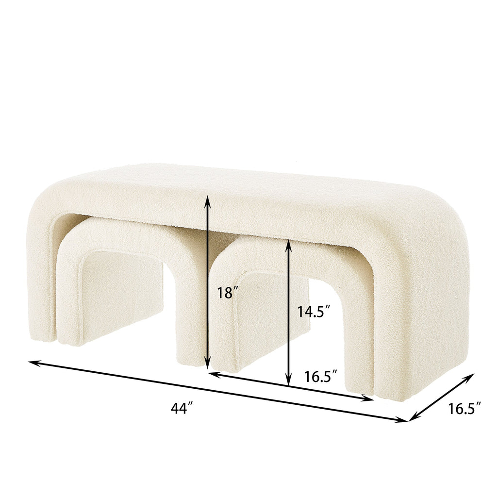 Set of 3 U-Shaped Modern Bench Teddy Ottoman, Cream, 43.5x16.5x19