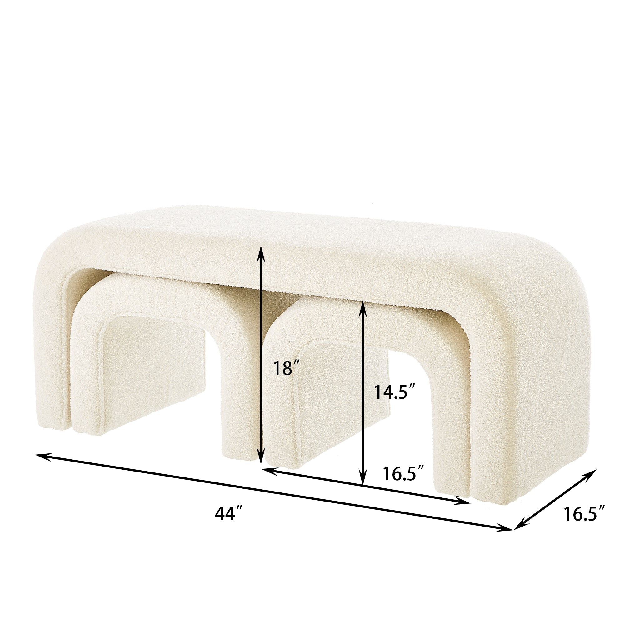 Set of 3 U-Shaped Modern Bench Teddy Ottoman, Cream, 43.5x16.5x19