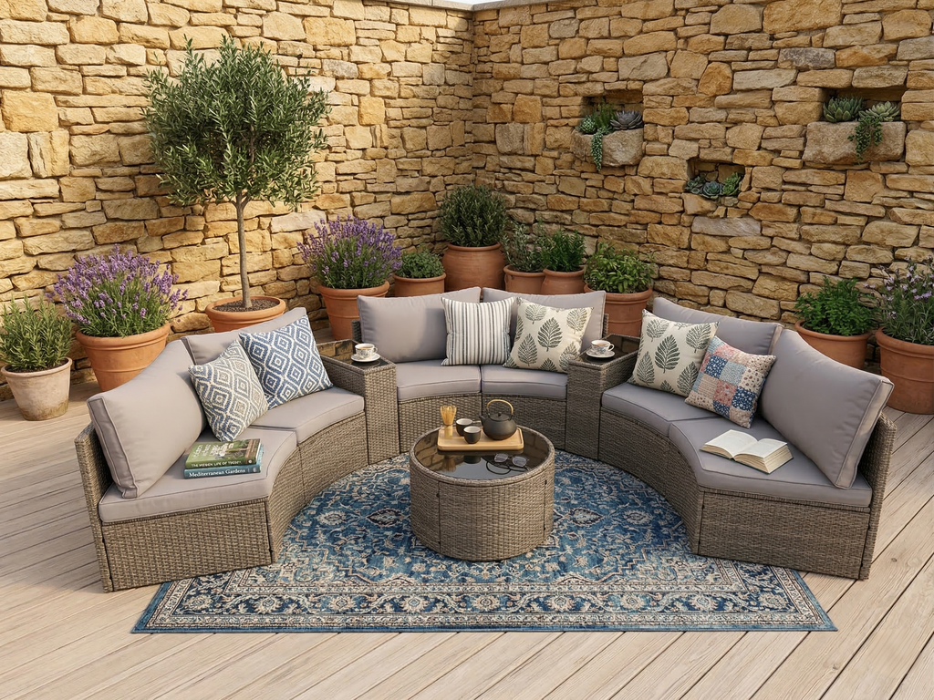Outdoor Sectional Set PE Rattan Steel Light Gray Half Moon 9 Piece 380 LB